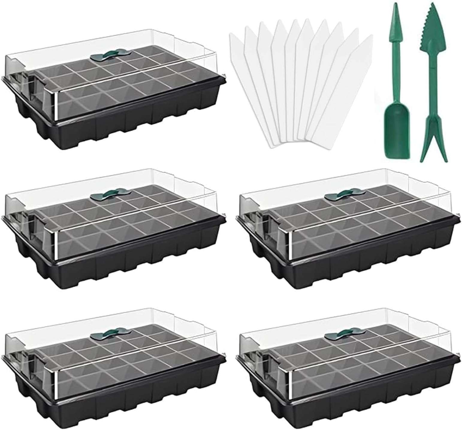 ANGTUO 5 Pack Seed Starter Trays for Planting 120 Cell Plant Germination Trays Plant Starter Kit Growing Trays with Humidity Dome and Base for Greenhouse Grow (24 Cells per Tray)
