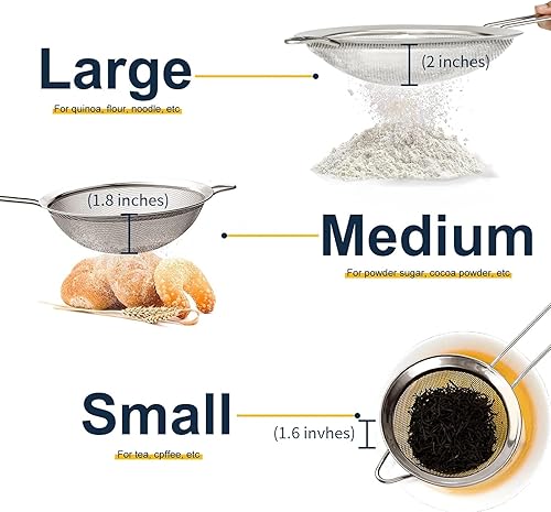 Miniatura 5 de Supercenter Colador de malla fina, tamiz de malla fina de acero inoxidable, juego de 3 coladores pequeños de malla fina para cocina, tamiz de