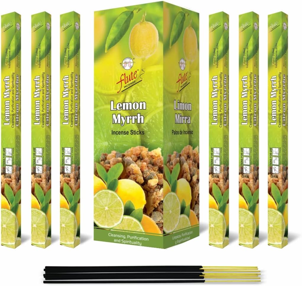 Flute Lemon Myrrh Incense Sticks, 200 Sticks | 9" Inch Agarbatti Sticks with 40 Mins Burning time | Calming Scent for Cleansing, Purification & Spirituality | 8 Sticks/Pack