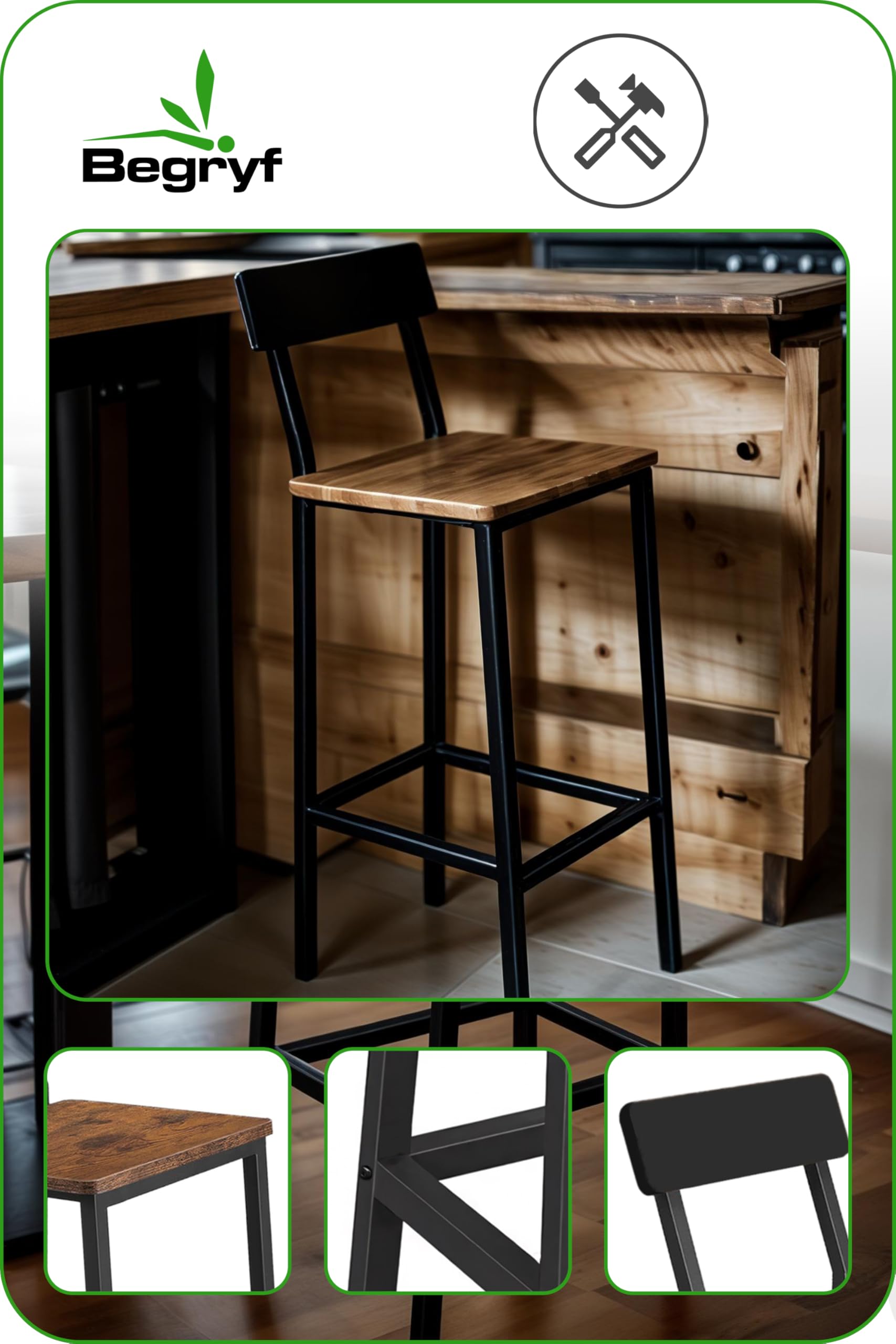 Küchenstühle, Stehhocker, Barhocker, Barhocker Holz, Küchenhocker, Barstuhl, Hocker mit Rückenlehne, Stabiler Hochstuhl für Küche Bar Theke, Industrial Design, rustikal, modern & komfortabel