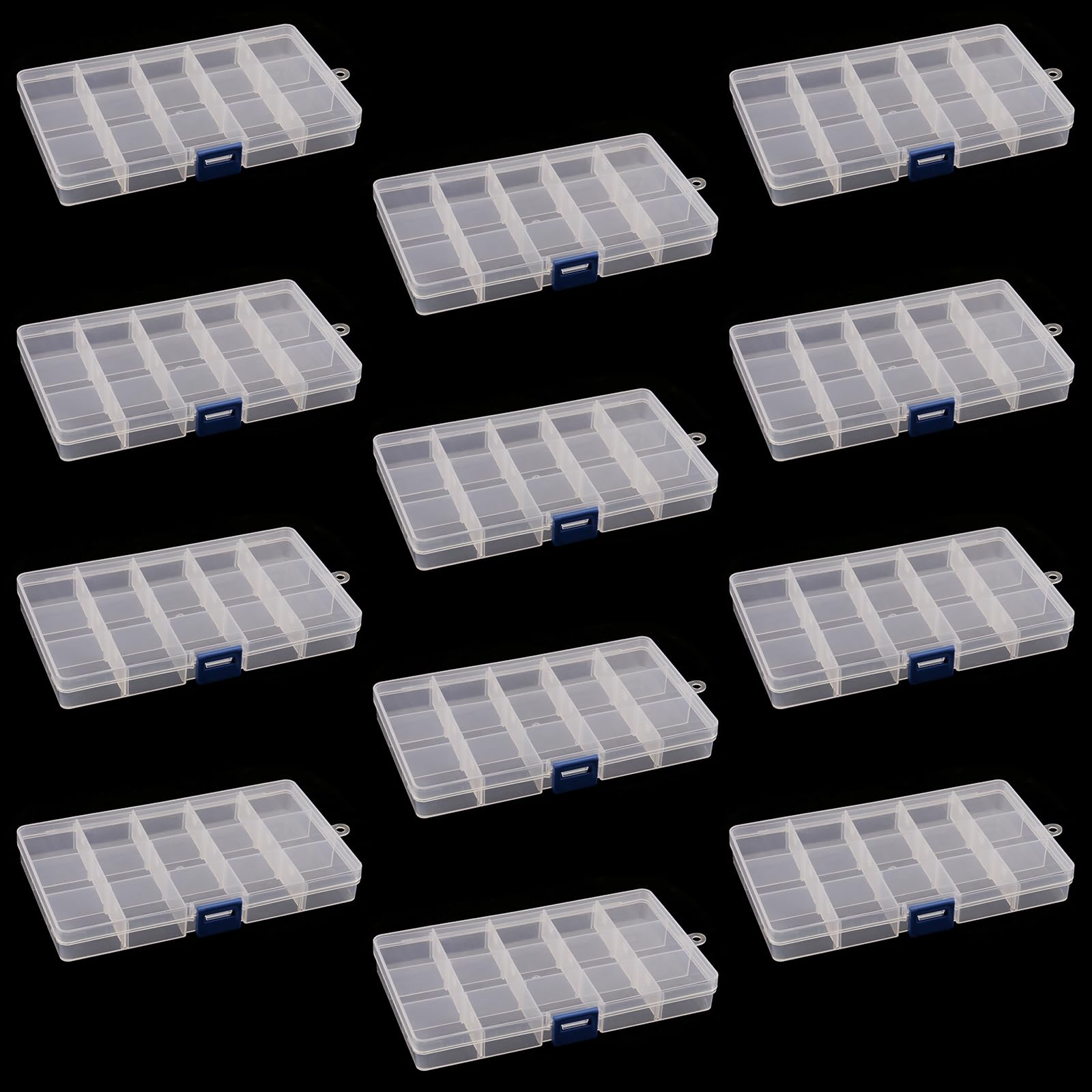 DAKFOOK 12 Pack 15 Grid Bead Organiser Storage Box,17.3x9.8x2.3cm Transparent Craft Bead Storage Boxes with Removable Compartments,15 Compartment Bead Divider Box for Crafts Sewing Art Diamond Screws
