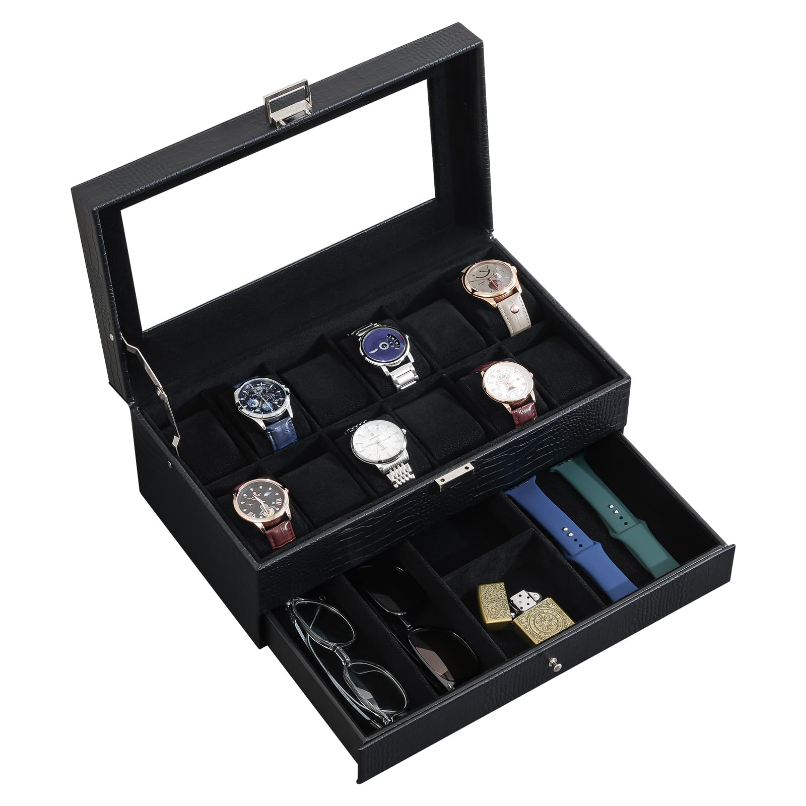 ProCase Caja de Relojes de 6 Ranuras con Cajón, Funda Organizadora de Reloj de 2 capas con Tapa de Cristal, Estuche de Almacenamiento para Hombres y Mujeres -Negro — view 22