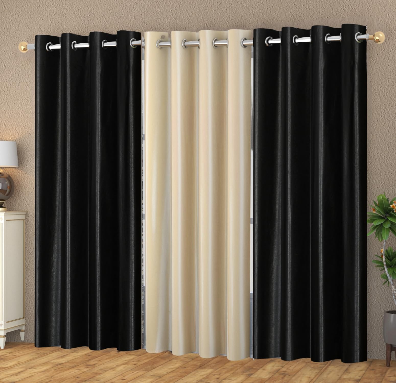 YUKANY Eyelet Polyester Modern Solid Crush Set of 3 Pcs. Door Curtains (5 Feet, 2 Black + 1 Cream)