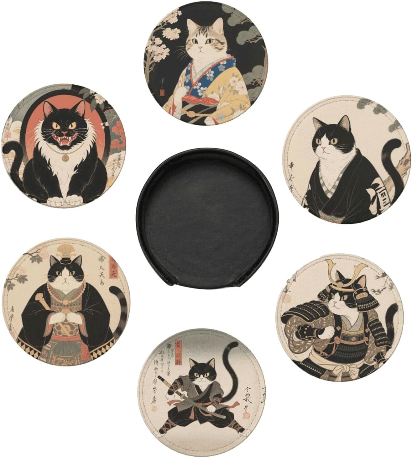 6 Pcs Japanese Cat Drink Coasters with Holder Coasters for Drinks Coffee Table Home Decor Housewarming Gift