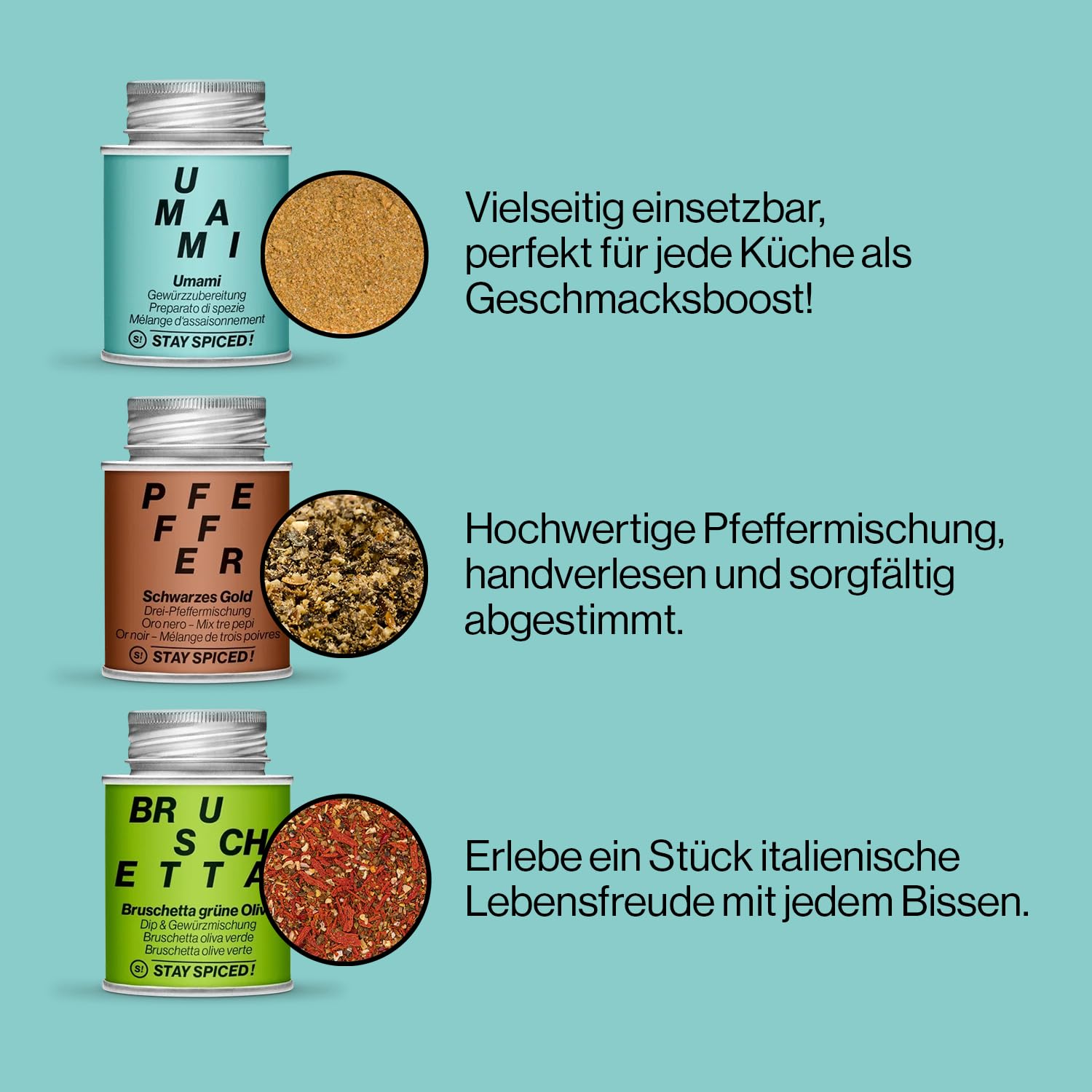 Stay Spiced !480 g / Famous Six - pudełko prezentowe I STAY SPICED !480 g pudełko na przyprawy z 6 popularnymi klasycznymi motywami przypraw z manufaktury przypraw I idealne jako prezent dla mężczyzn i kobiet