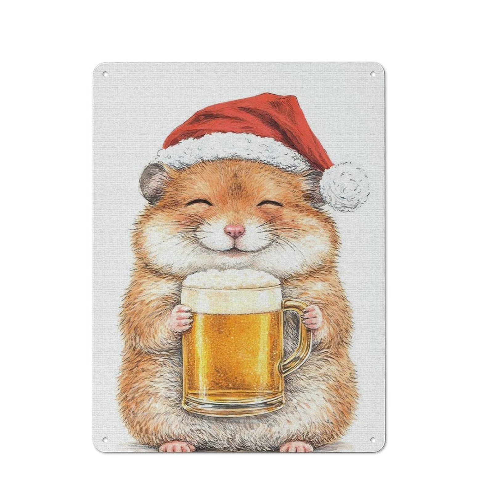 Junmoney Style-1 Hamster In Santa Hat With Beer Printed Metal Sign 40X30cm For Guest Room Or Hallway, For Vintage Wall Decor Fans, For Garage And Workshop Walls