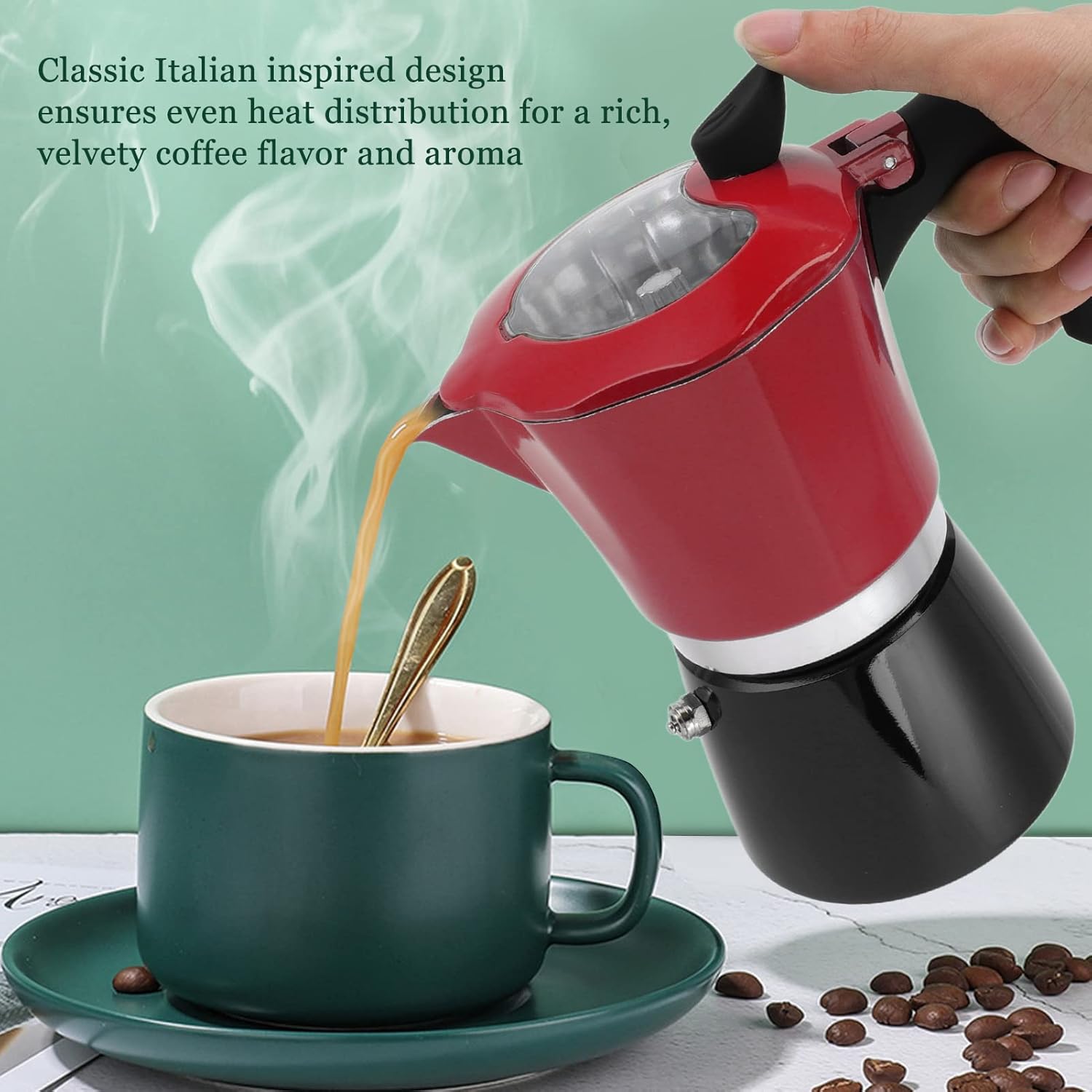 Moka Pot, Stovetop Espresso Maker Pot Even Heat Distribution with Transparent Lid for Travel(Green Red)(Red Black)