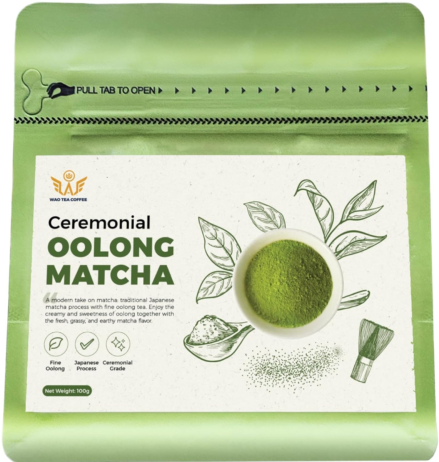 WAO Ceremonial Oolong Matcha Powder, Premium First Harvest Oolong, Bold & Earthy, Great for Matcha Latte, 3.5 oz, Product of Vietnam