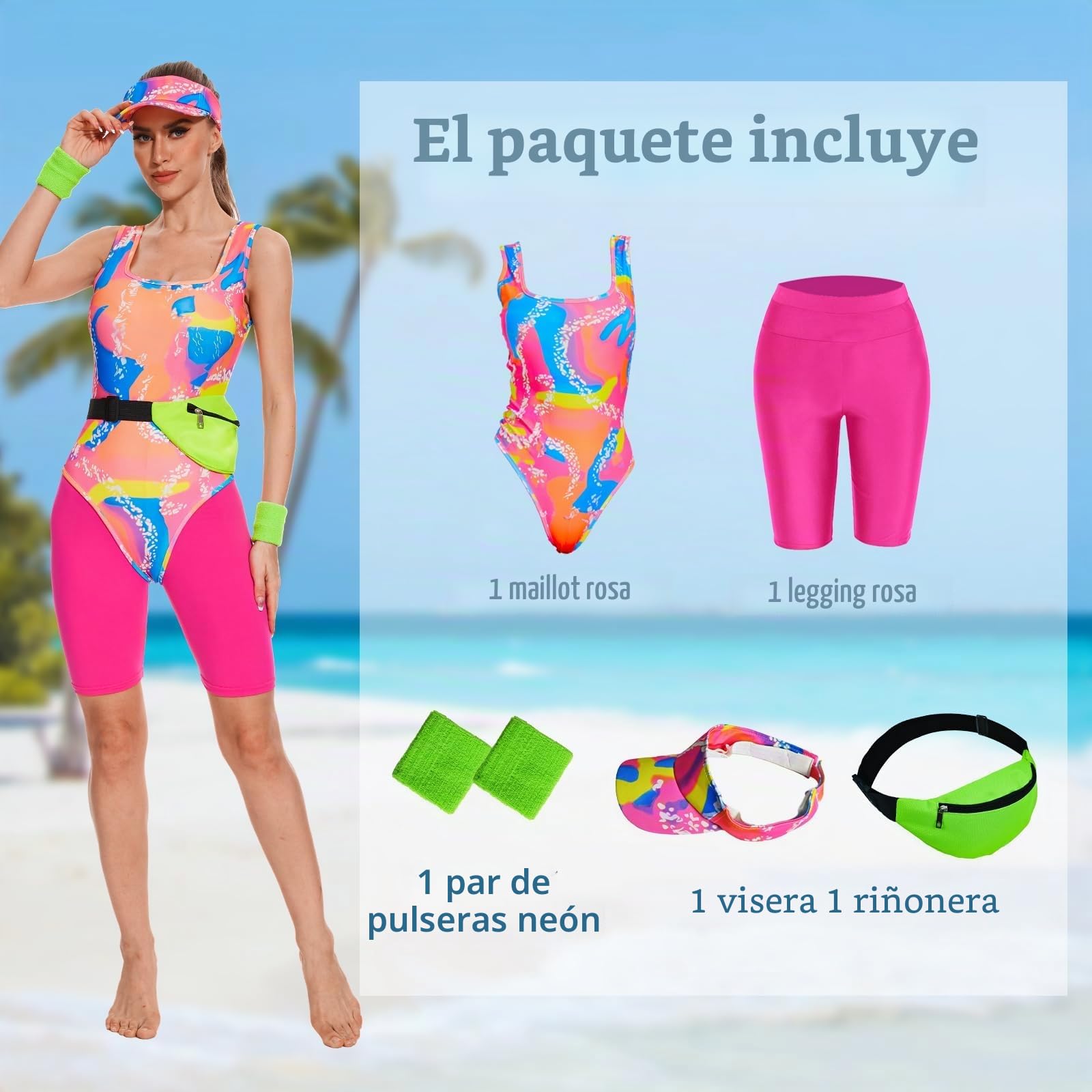 Disfraz de los años 80 para mujer, disfraz de entrenamiento de los años 80, accesorios con riñonera, parasol, muñequera, disfraz de patinaje en películas para Halloween y cosplay