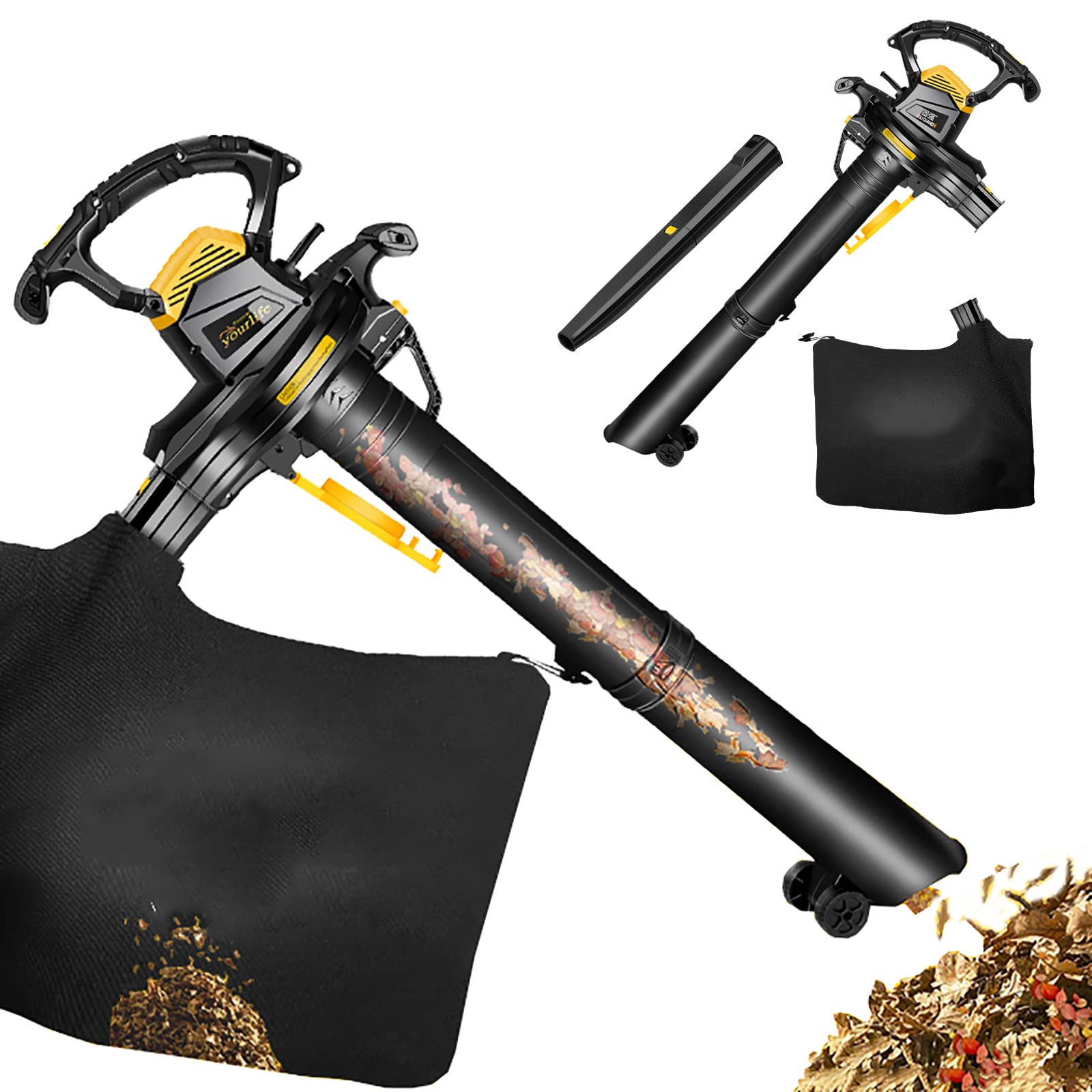 Soplador de Hojas eléctrico, soplador/Aspirador/triturador de jardín, con Bolsa recolectora de 40 L, Ajuste de 6 velocidades