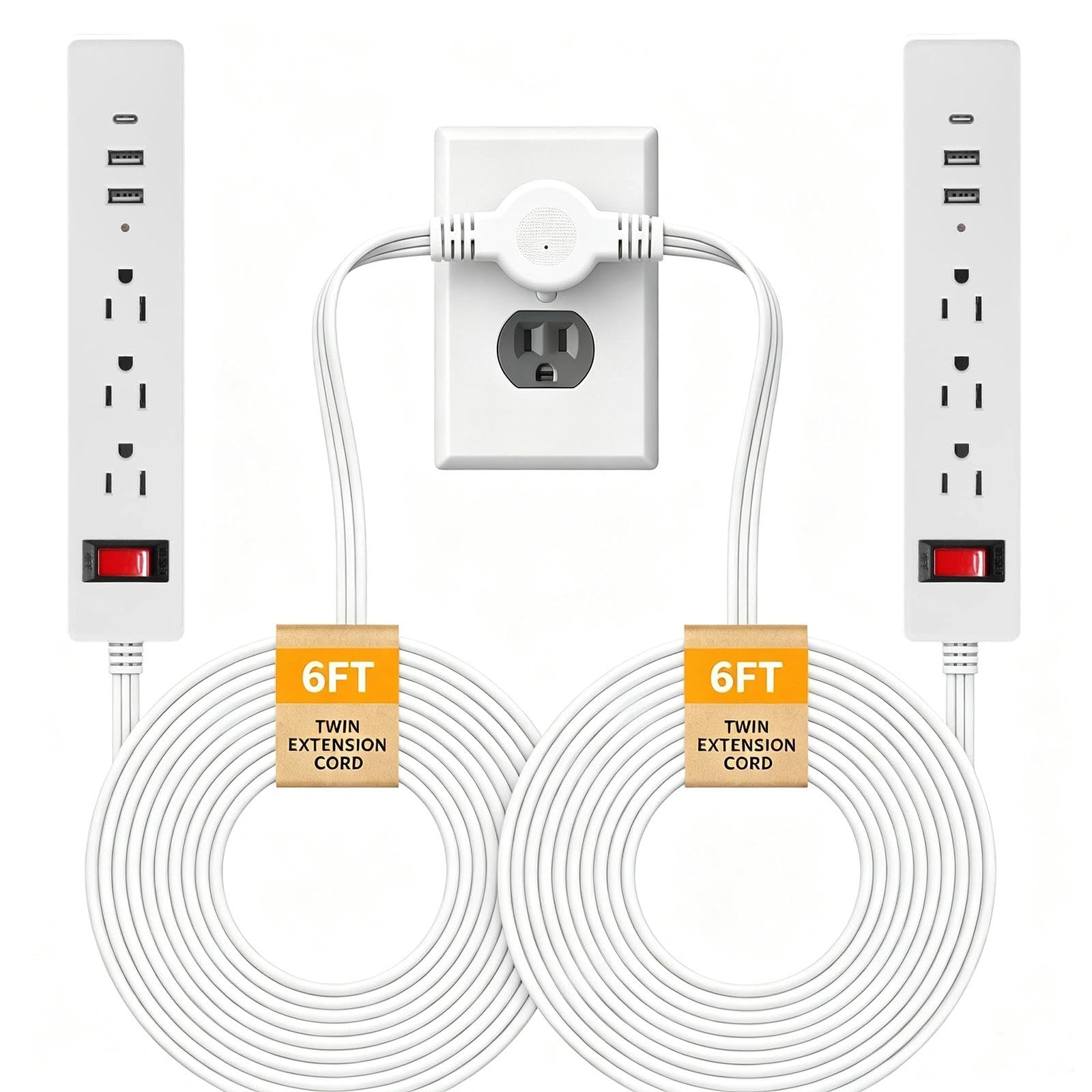 Dual Verlängerungskabel - 3 Fuß Split Verlängerungskabel, 6 Steckdosen und 6 USB-Anschlüsse, Dual Steckdosenleiste, 3 Pin und Flachstecker für hinter Bett, Sofa