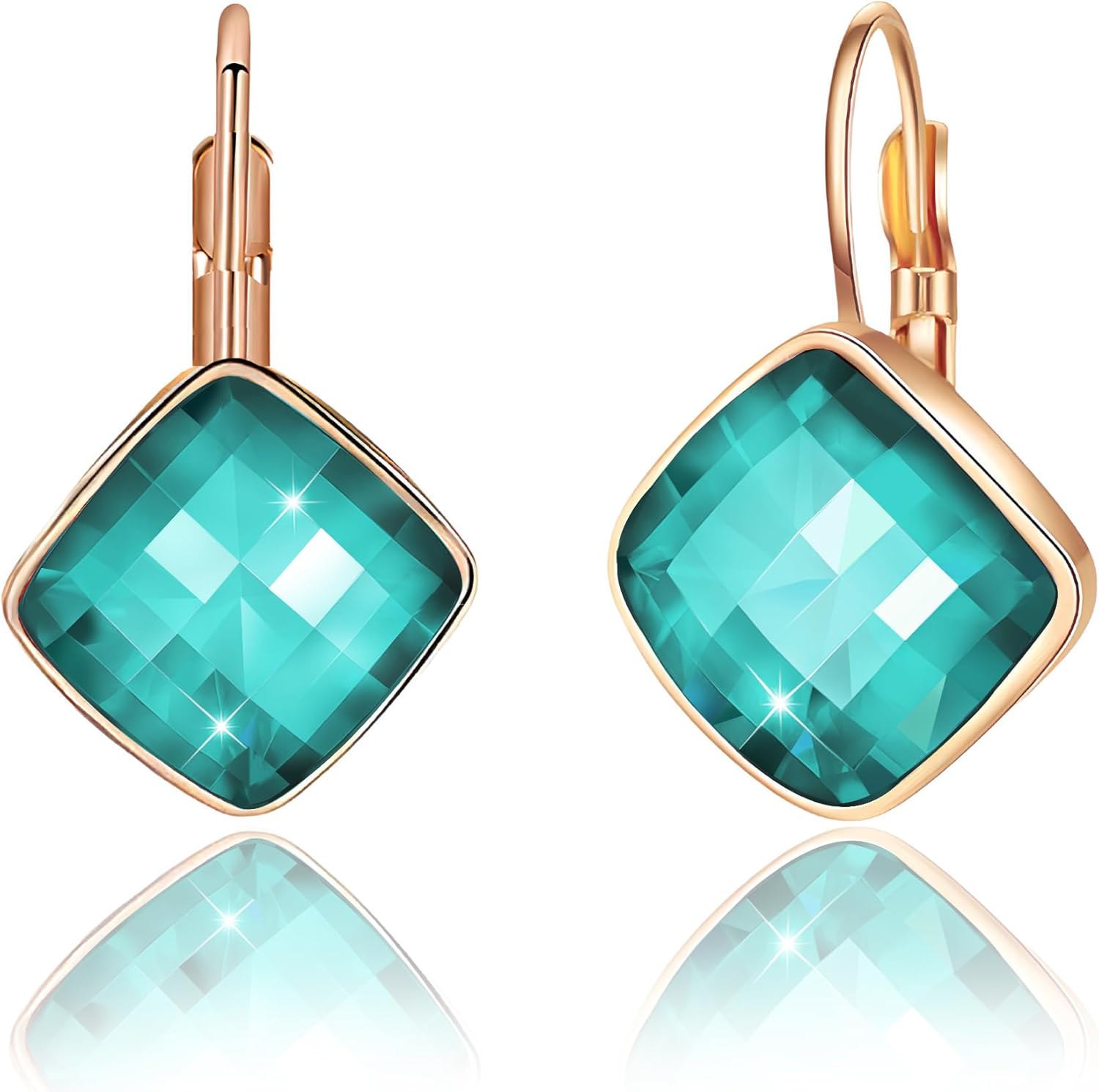 EVEVIC Austrian Crystal Square Dangle Drop Leverback Earrings for Women Fashion 14K Gold Plated Jewelry Gifts for Anniversary