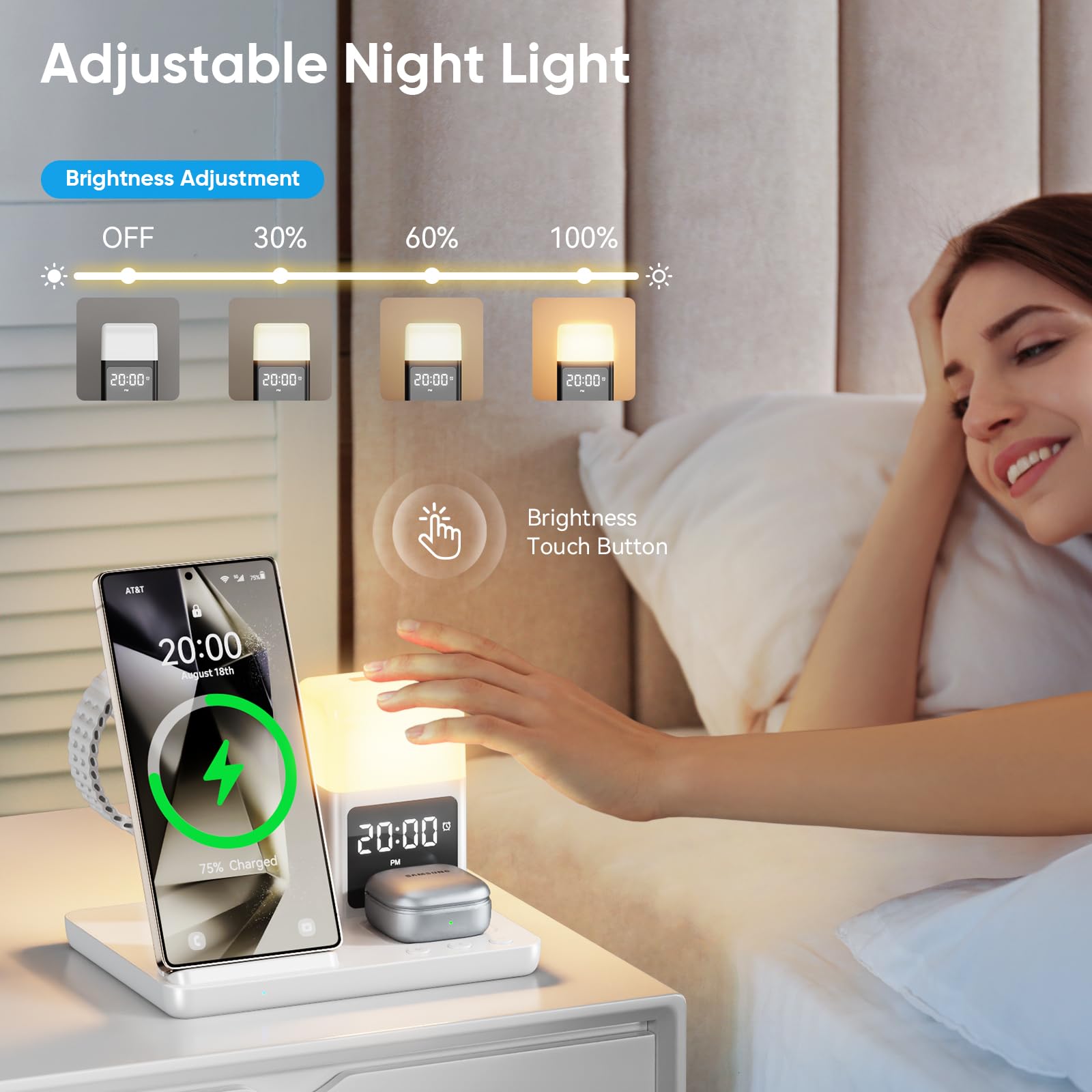 Stazione di Ricarica Induttiva 6 in 1 Aggiornata per Samsung con Sveglia e Luce a 3 Colori | Ricarica Senza Fili 15W Rapida per Galaxy S25/S24/Z Fold6/Flip/Note Galaxy Watch Ultra/6/5 Pro Galaxy Buds