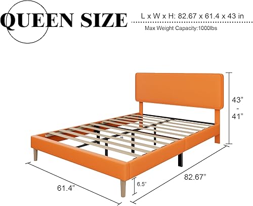 Miniatura 2 de Marco de cama tamaño Queen con plataforma tapizada, cabecero ajustable de cuero PU, no necesita somier, soporte de listones de madera, fácil