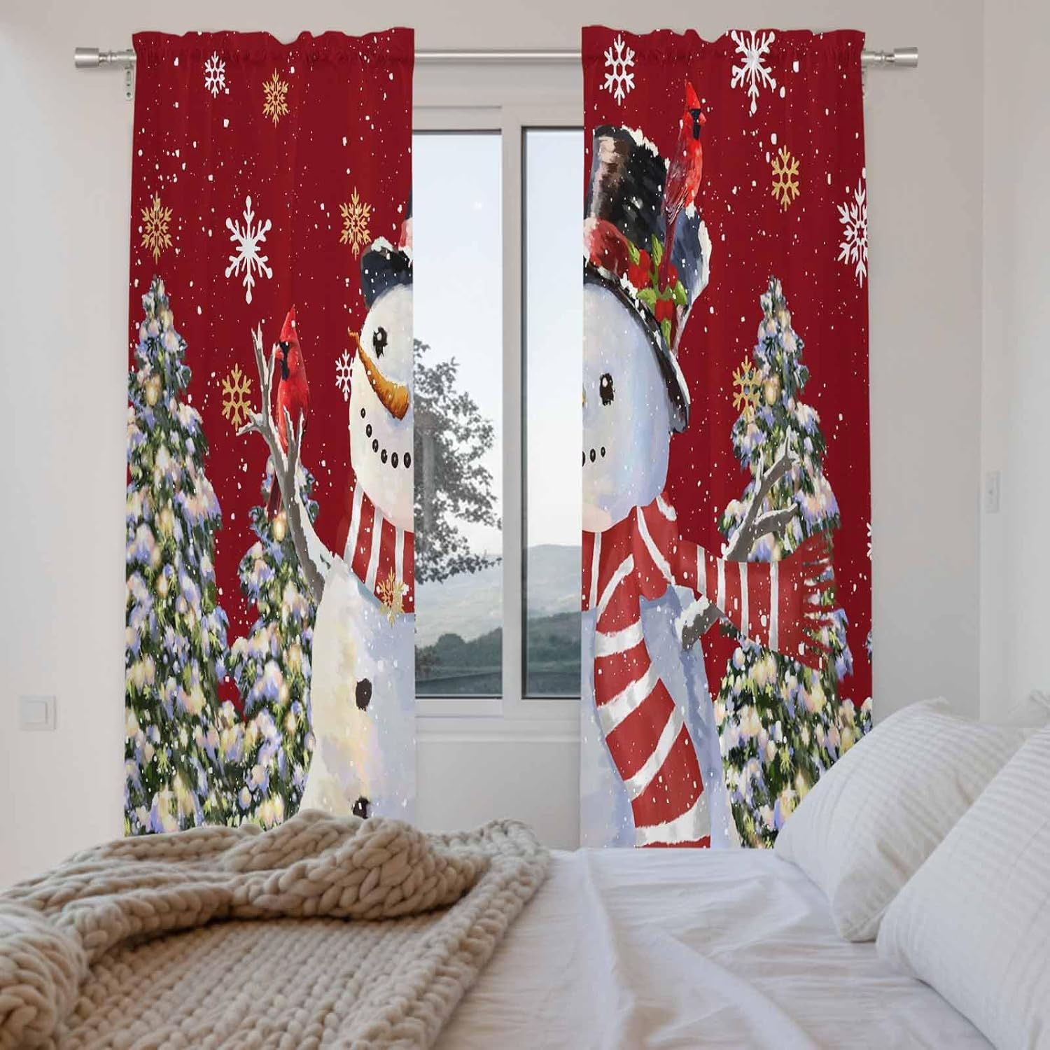 Red Snowman Window Curtains 72 Inch Long 2 Panel Set, Rod Pocket Long Curtains & Drapes, Christmas Tree Snowflake Winter Holiday Light Filtering Window Treatment for Bedroom Living Room 52"W x 72"L