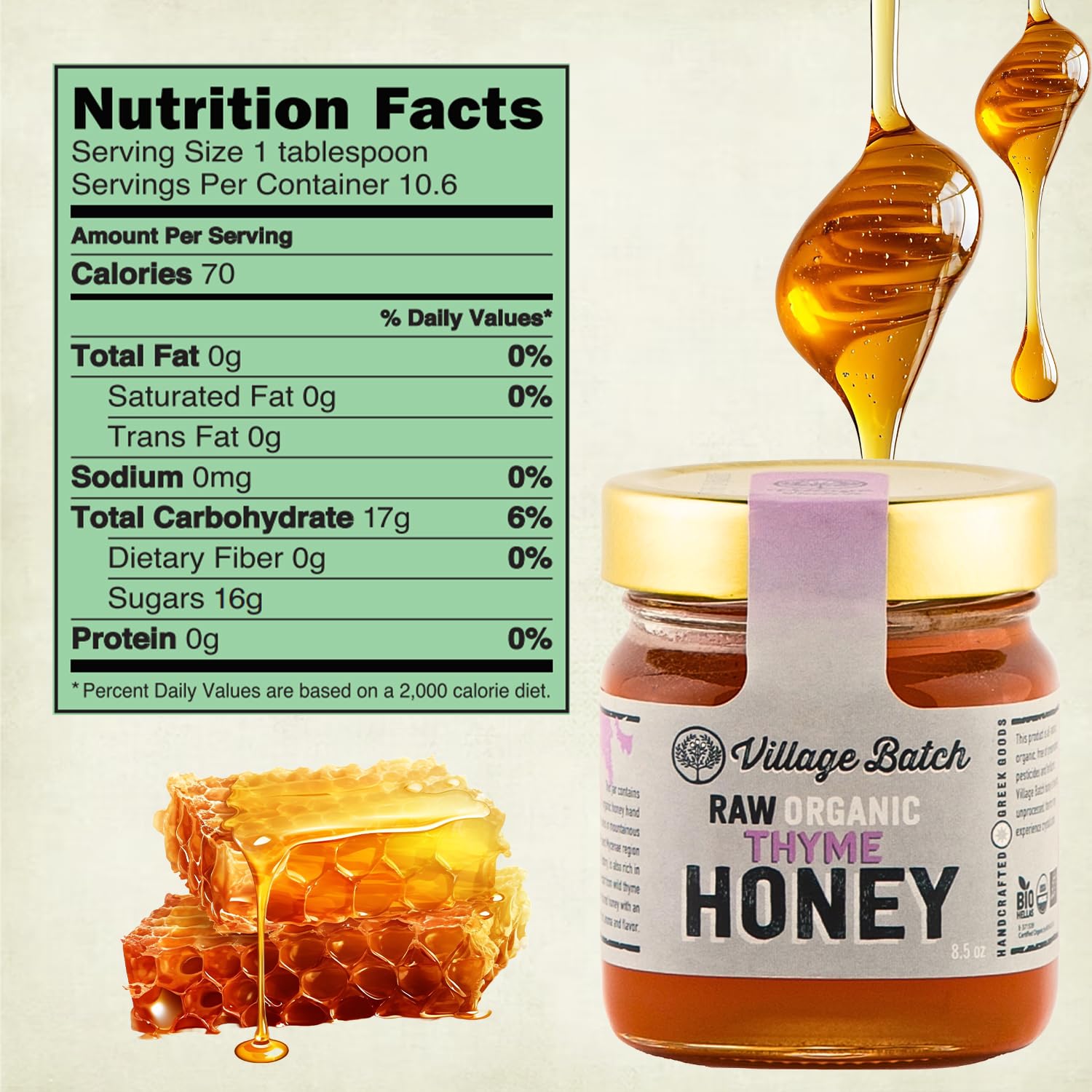 Village Batch Raw Organic Thyme Honey 8.5oz (Pack of 1) Jar from Mycenae, Unheated and Unpasteurized Greek-Honey, Light Amber, Rich Flavor and Intense Floral Aroma