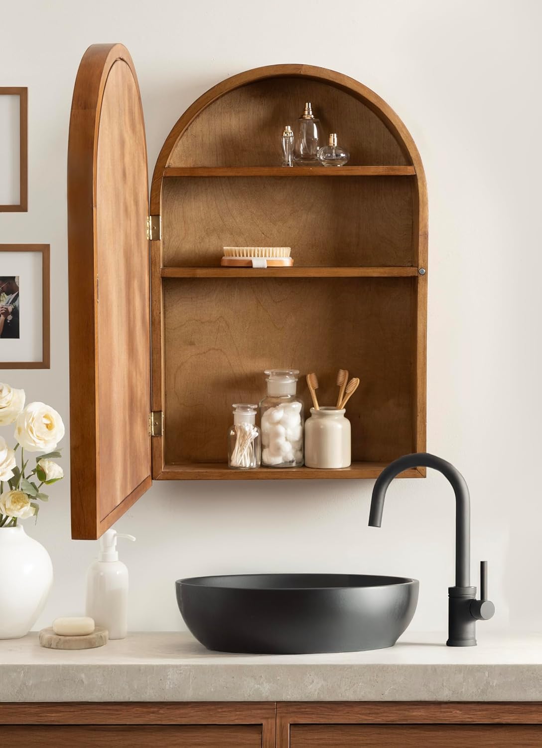 Kate and Laurel Hatherleigh Modern Arched Bathroom Cabinet with Mirror, 20 x 6 x 30, Rustic Brown, Decorative Wooden Bathroom Mirror with Storage for Bath Medicine Cabinet or Over-The-Toilet Storage