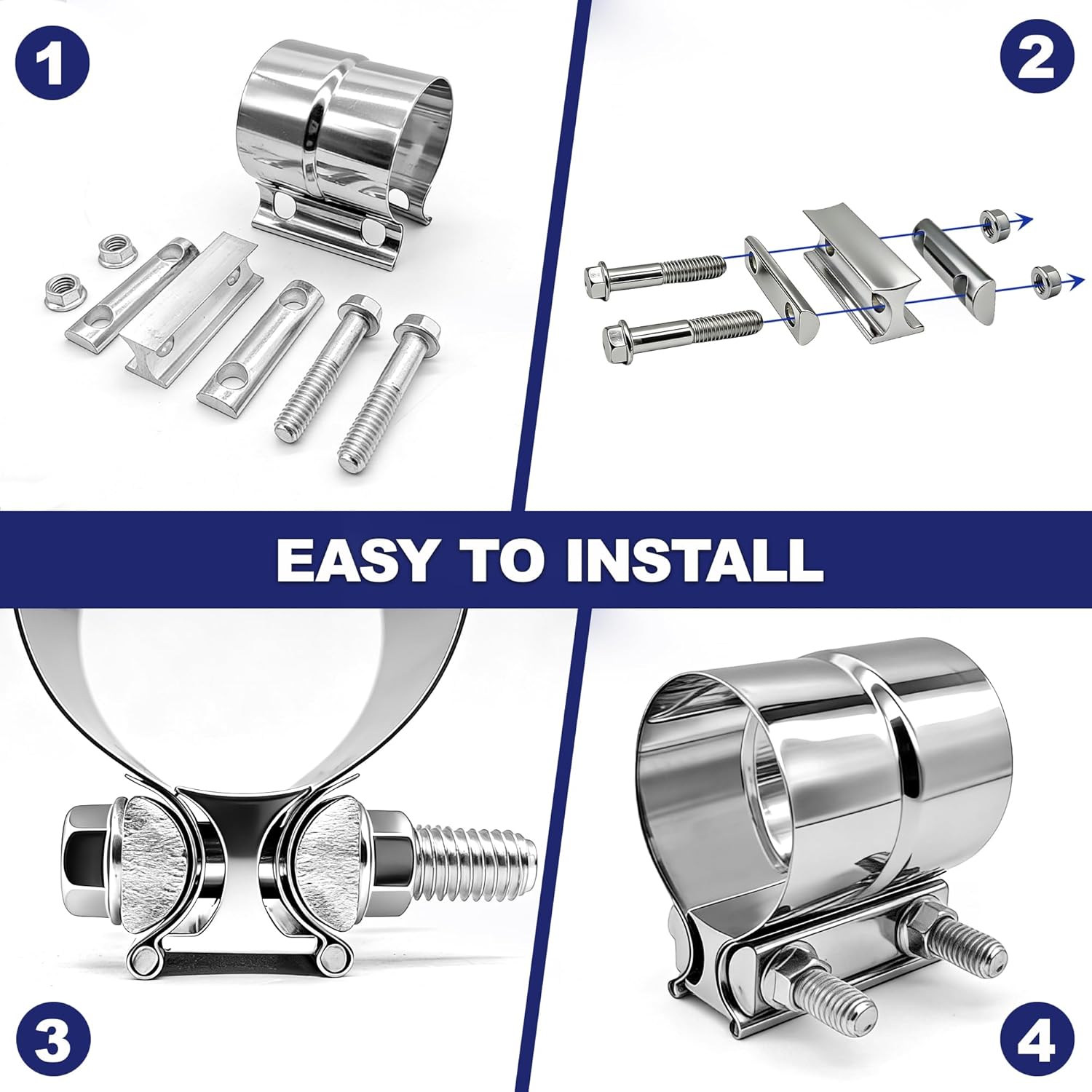 3 Inch Exhaust Clamp, Stainless Steel 304 Lap Joint Band Clamp For 3" Od To 3" Id Exhaust Pipe, Muffler, Elbow, Exhaust Tubing Connection, Catalytic Converters (4PCS)