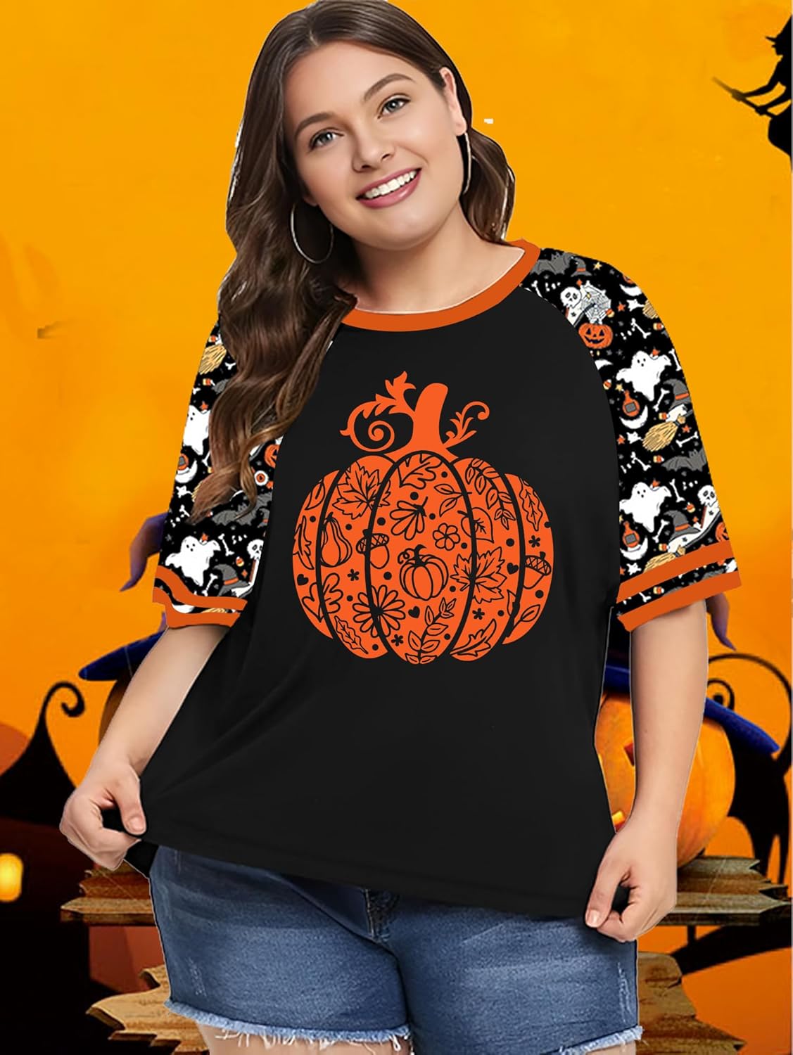 Plus Size Halloween Shirts for Women Pumpkin Graphic Tshirt Fall Casual Short Sleeve Tee Tops - Image 4
