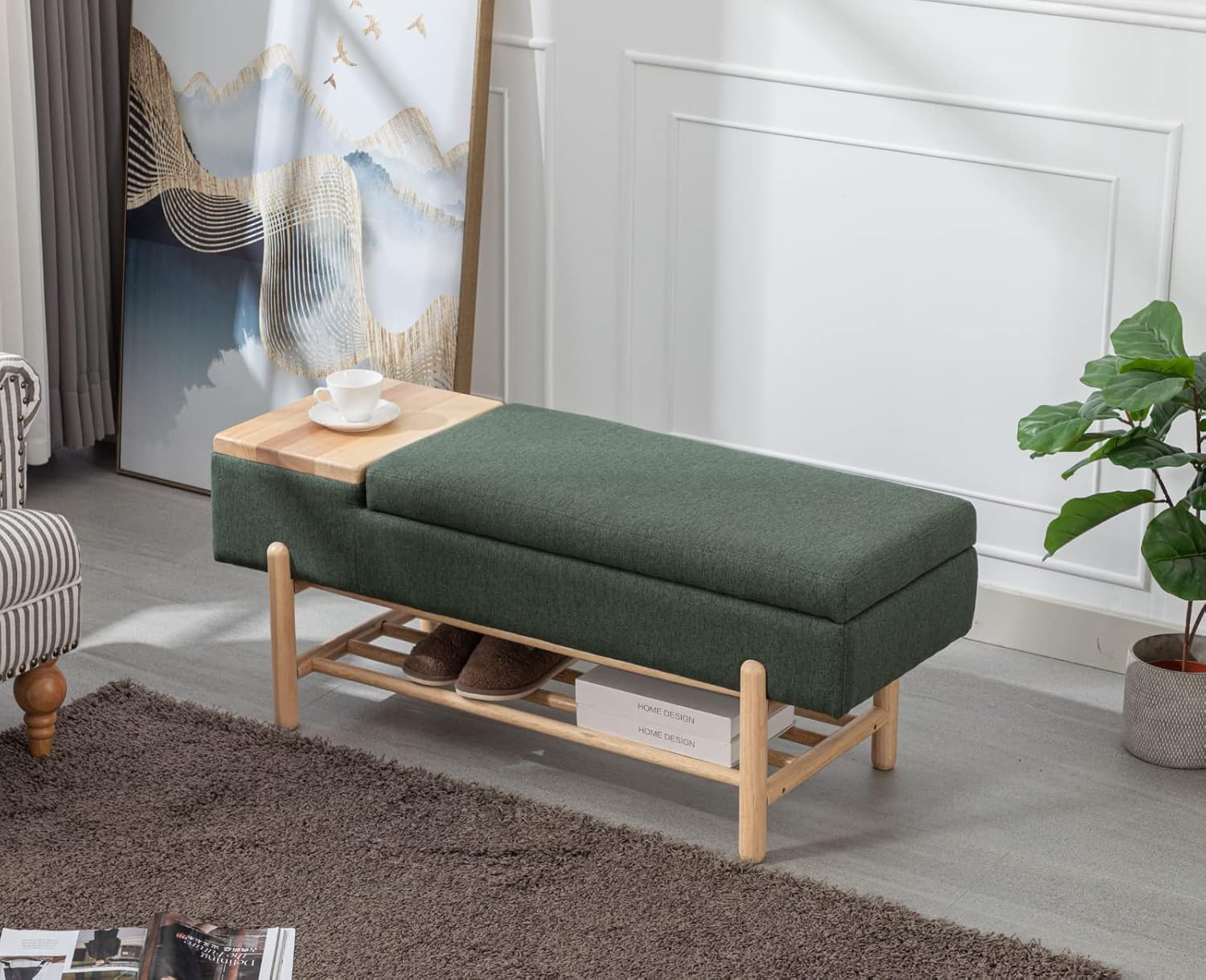 CIMOTA Entryway Storage Bench for Bedroom Upholstered End of Bed Ottoman Bench with Wood Shoe Storage/Coffee Table for Living Room/Hallway/Under Window, 46.5 Inches, Linen Green
