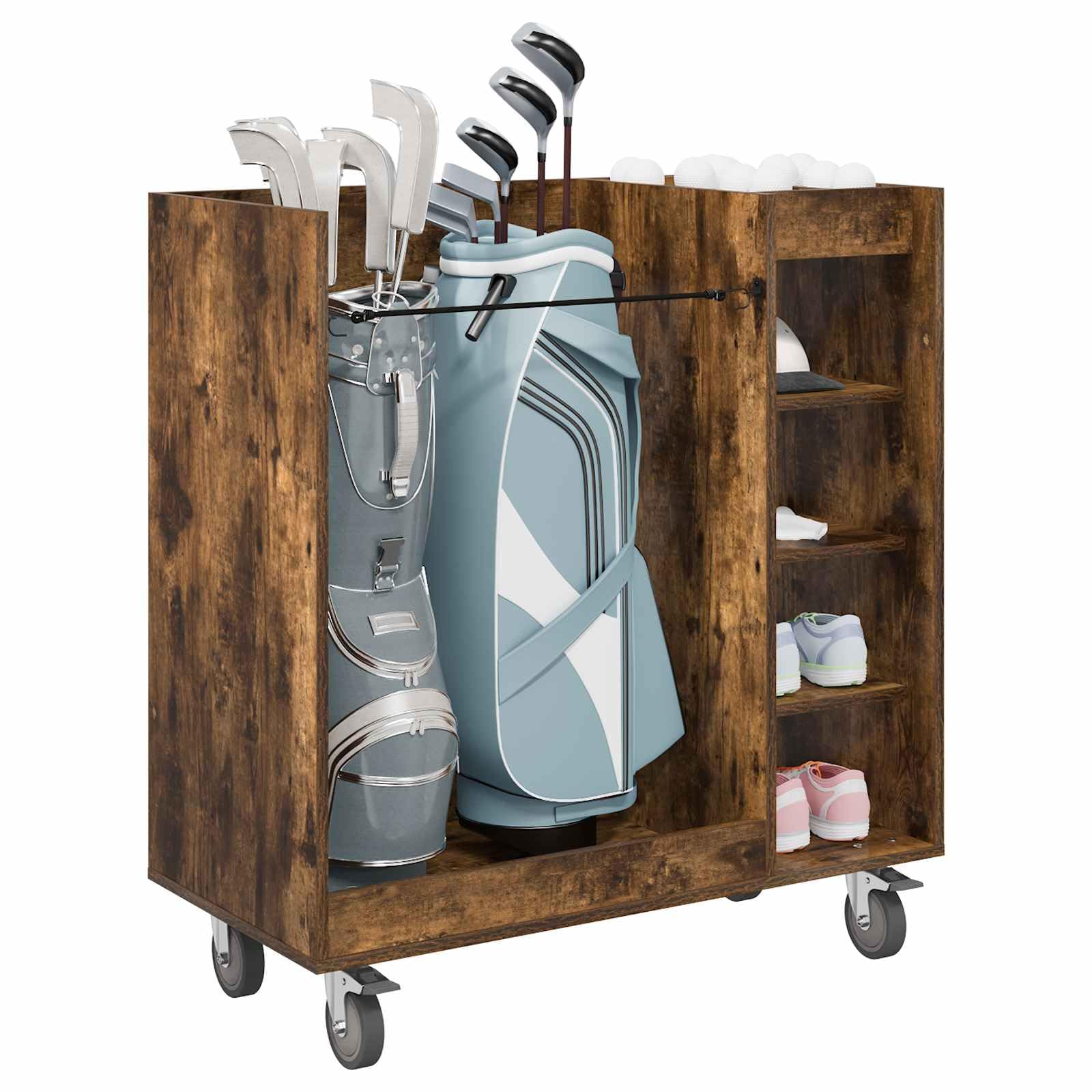Golf Schrank mit Rad in geräucherter Eiche, 90 x 45 x 98 cm, Holz und Metall, mit Stauraum für Golftaschenzubehör, Organizer und Trolley, ideal für Innenräume und Garage