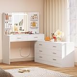 TEENFON Dressing Table with LED Light Mirror & Power Outlet, Vanity Table Makeup Desk with 8 Drawers and 6 Storage Shelves, 3 Color Modes & Adjustable Brightness Vanity desk, L Shape Change, White - 1
