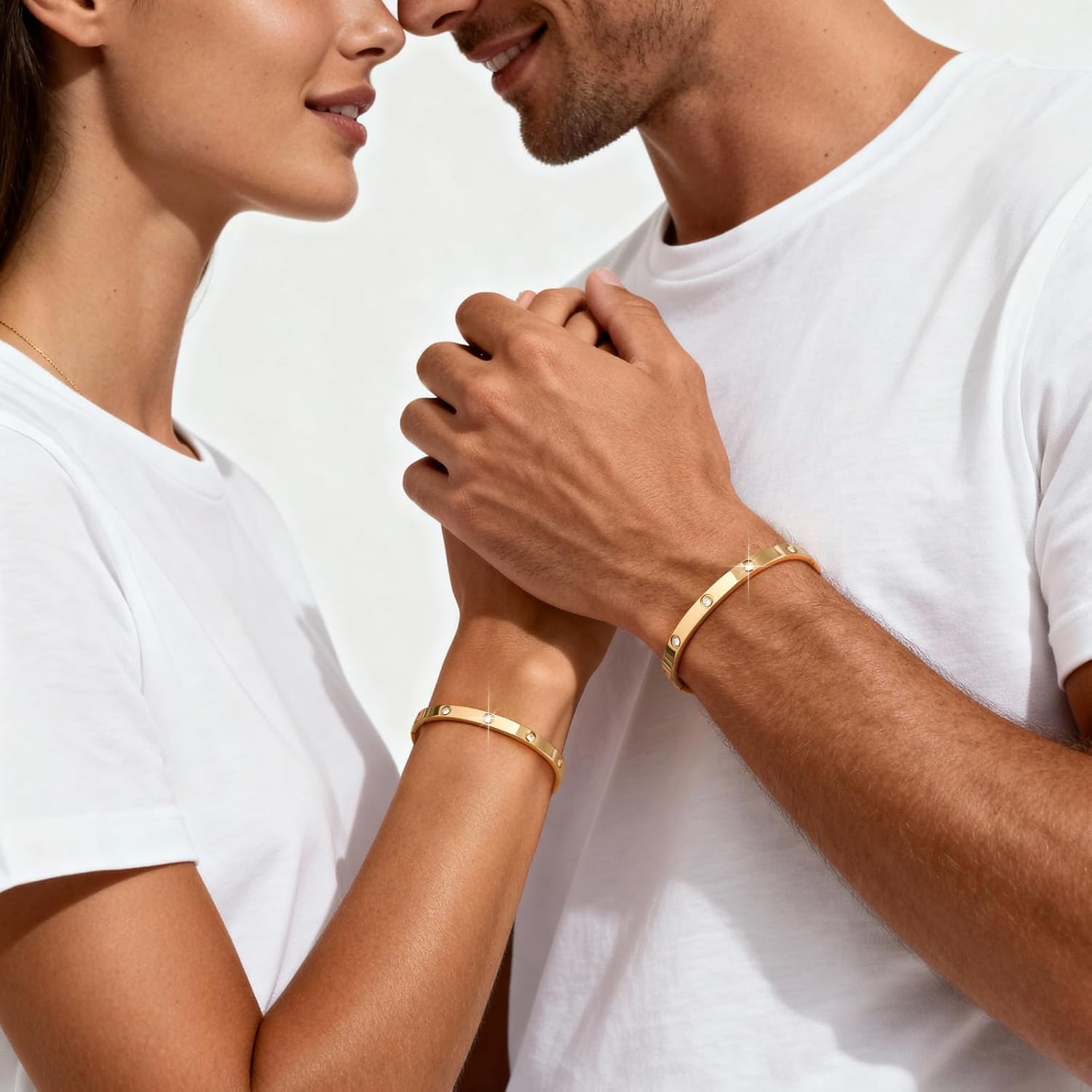 MPRAINBOW Gold Matching Bracelets for Couples - 2Pcs 18K Gold Plated Cubic Zirconia Bangle Relationship Friendship Trendy Jewelry, Stainless Steel Couple Bracelet for Women Men for Her Him