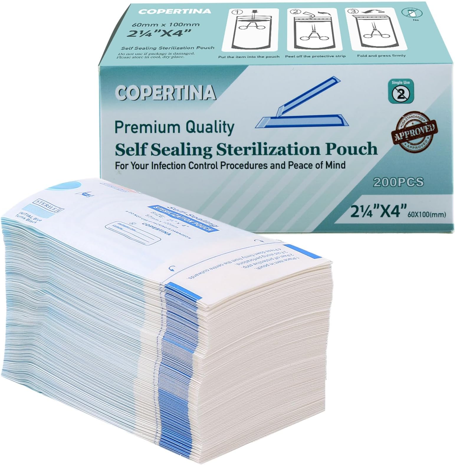 Omnia ONE 200 Pcs 2.25" x 4" Self-Seal Sterilization Bags with Dual Indicators for Dental Tools | Autoclave Sterilizer Bags for Tools