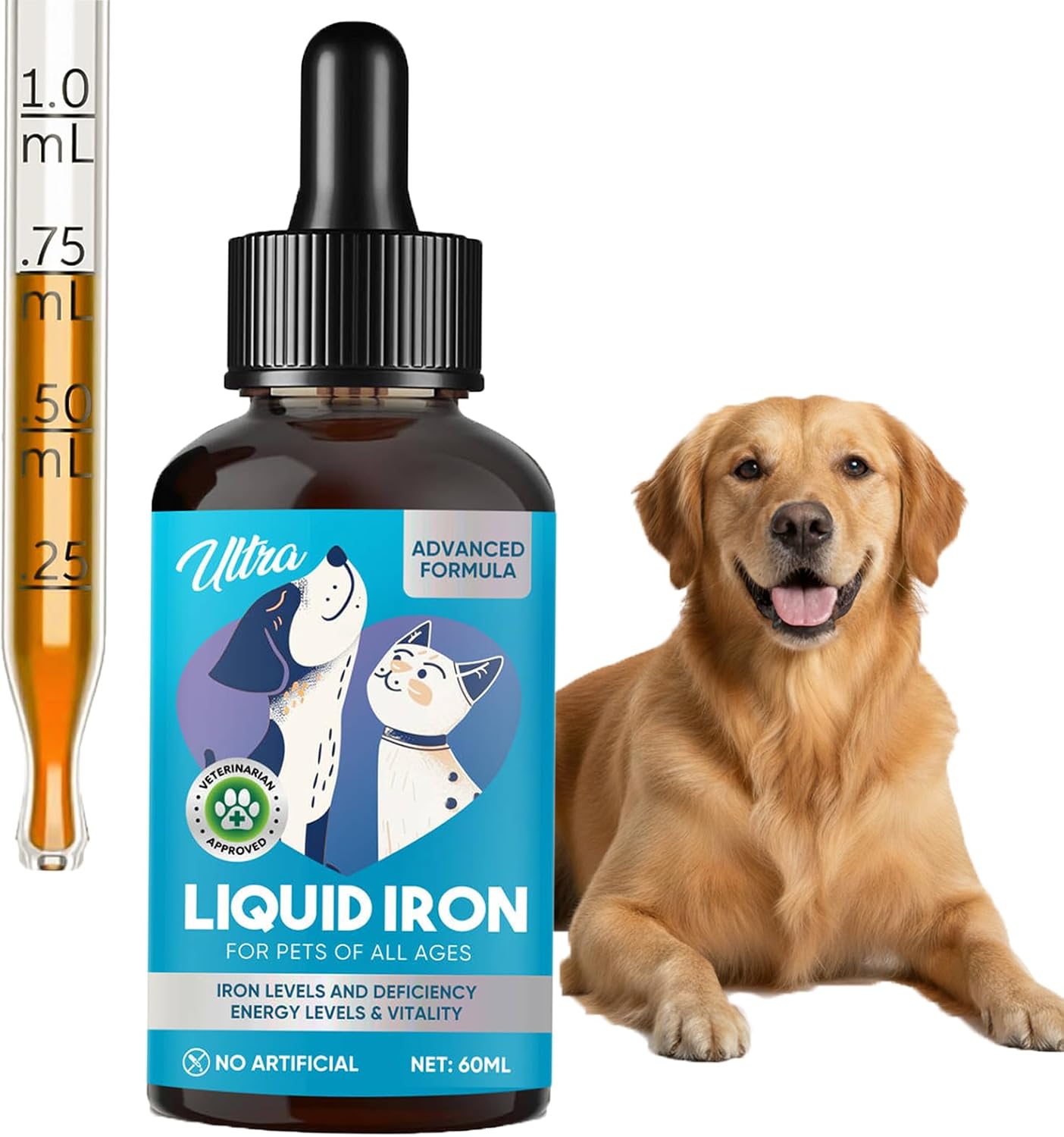 Liquid Iron Supplements for Cats Dogs, 60 ML Liquid Iron Support Healthy Red Blood Cells and Energy Levels, Support Pet Anemia, Natural Safe Formula, Quick Absorption