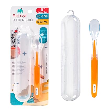 MINI SOUL Silicone Spoon with Box for Baby Feeding, BPA Free Food Grade Material Spoon, Baby Feeding Spoon with Comfortable Grip Handle, Non-Toxic Training Self-Feeding Baby Spoon (Pack of 1, Orange)