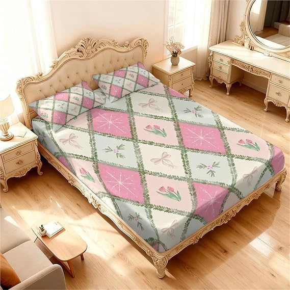 3pcs Checkered Floral Print Coreless Bed Sheet Set with Multiple Sizes Soft Covers Bedroom Bedding Decorations(120x200cm)