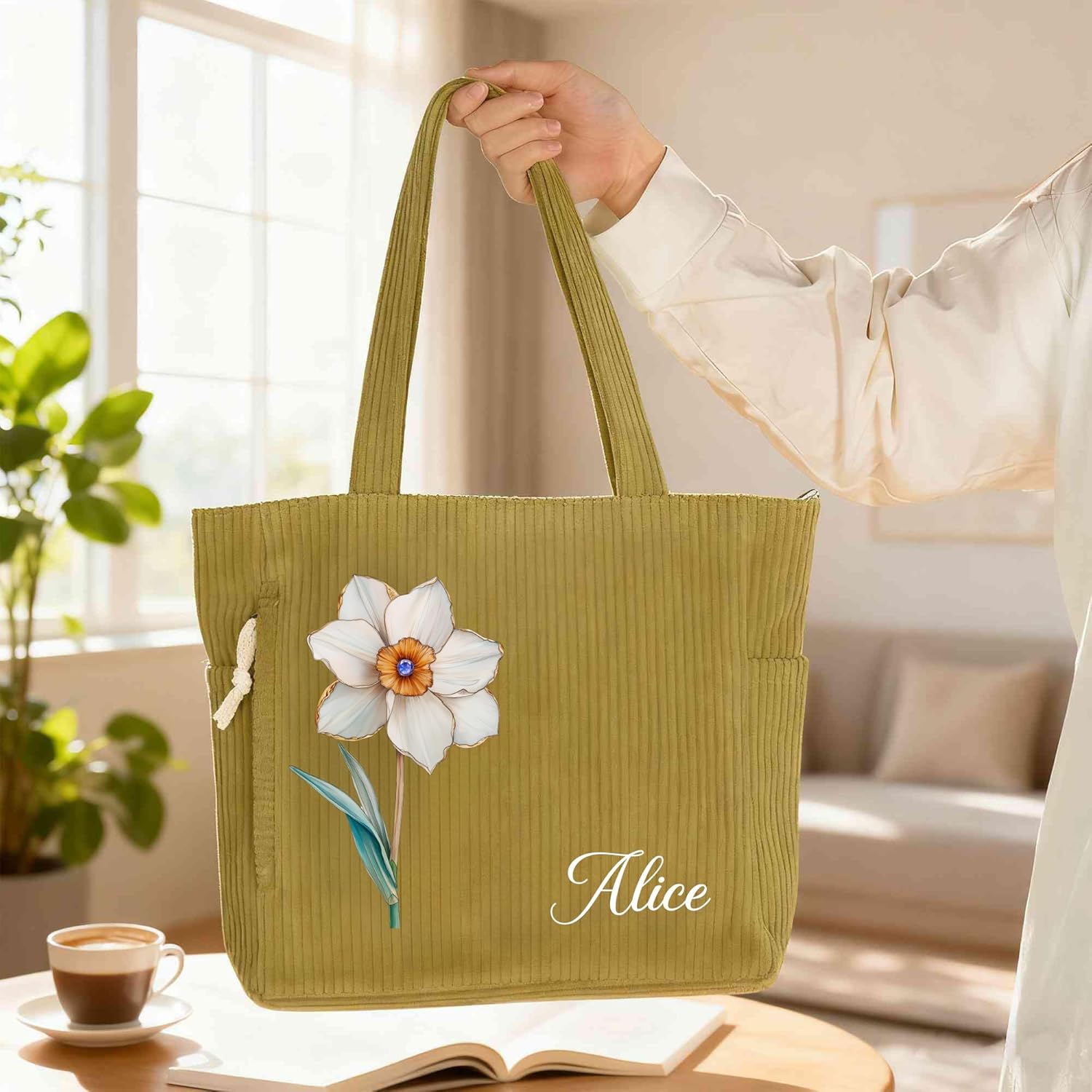 CALLIE Personalized Corduroy Tote Bag | Custom Name Birth Flower Tote bag | 4 Color Options 15.7" × 3.9" × 12.9" | Corduroy Shoulder Bag with Inner Pockets for Work Beach Travel and Shopping Grocery - Image 3
