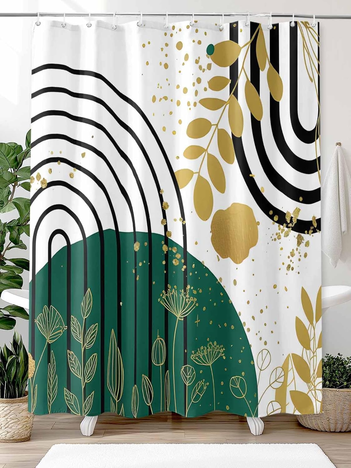 Green Black Gold Boho Shower Curtain Abstract Green Gold Leaves Plant Modern Waterproof Bath Curtain for Bathroom,Mid Century Gold Green Geometric Shower Curtain Set with Hooks 72x84 Inch
