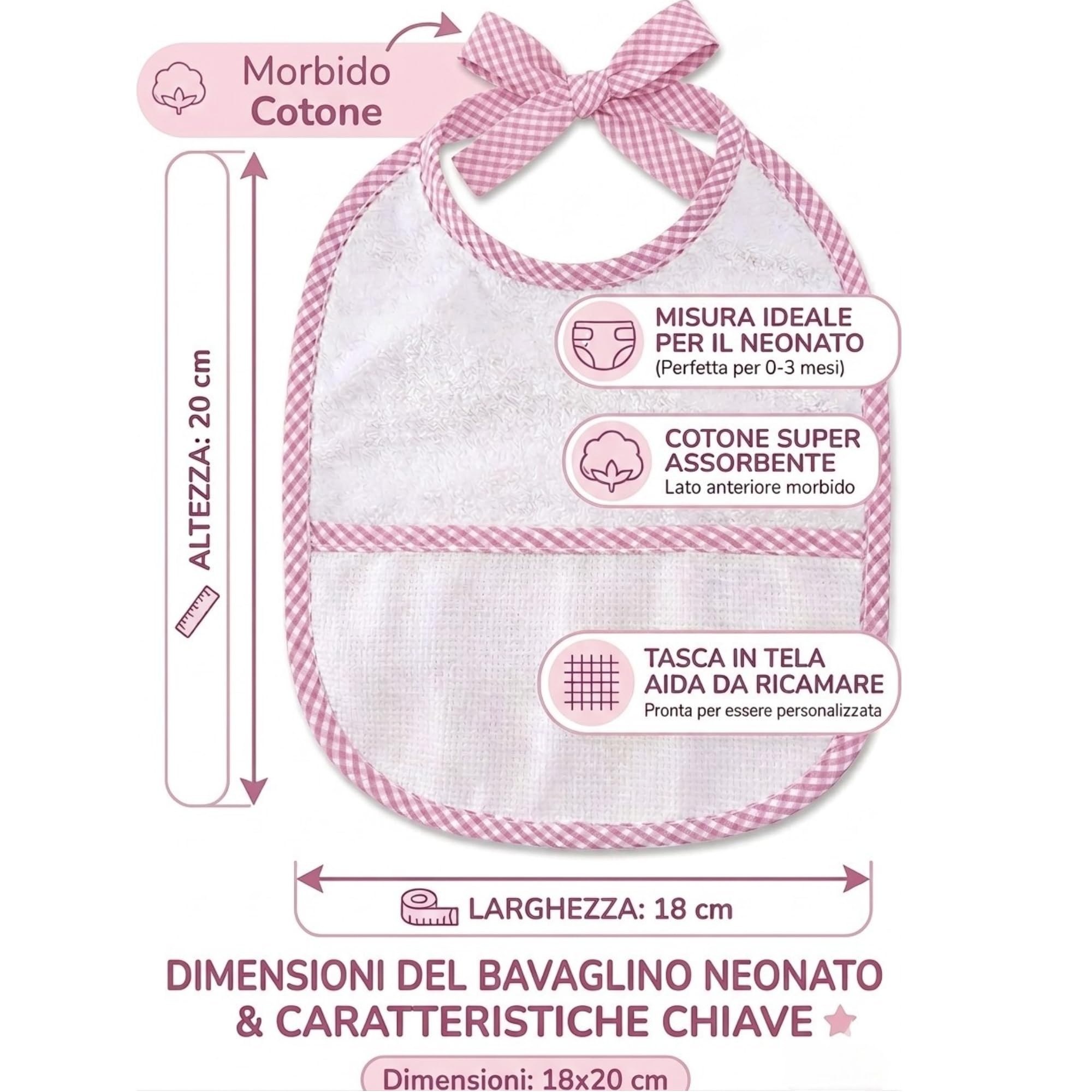 Bavaglino Neonato in Spugna di Cotone con Tela Aida 55 Fori Ricamabile 20x18 cm