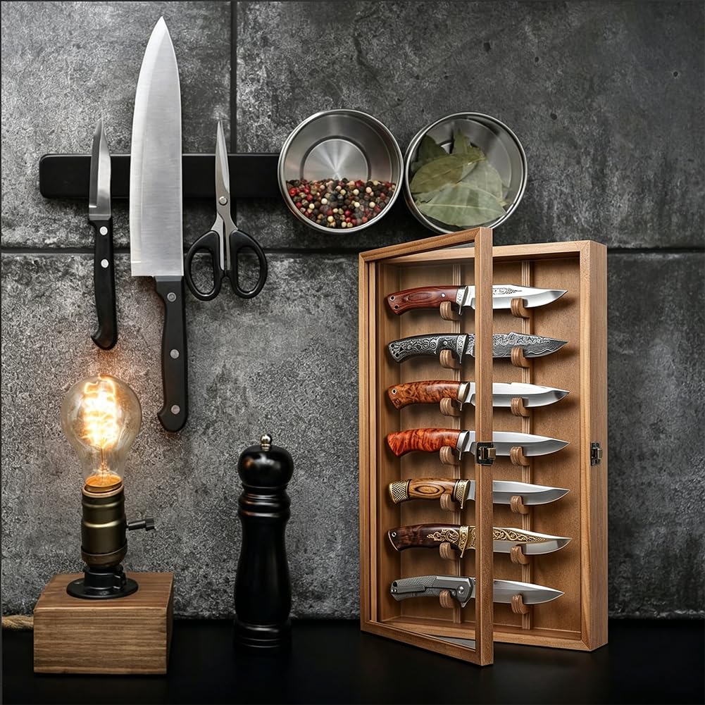 UNICRAFTALE Espositore per coltelli in legno di pino, con coperchio in acrilico visibile con serratura, 43 x 25,5 cm, espositore per la collezione di coltelli, per riporre oggetti in casa