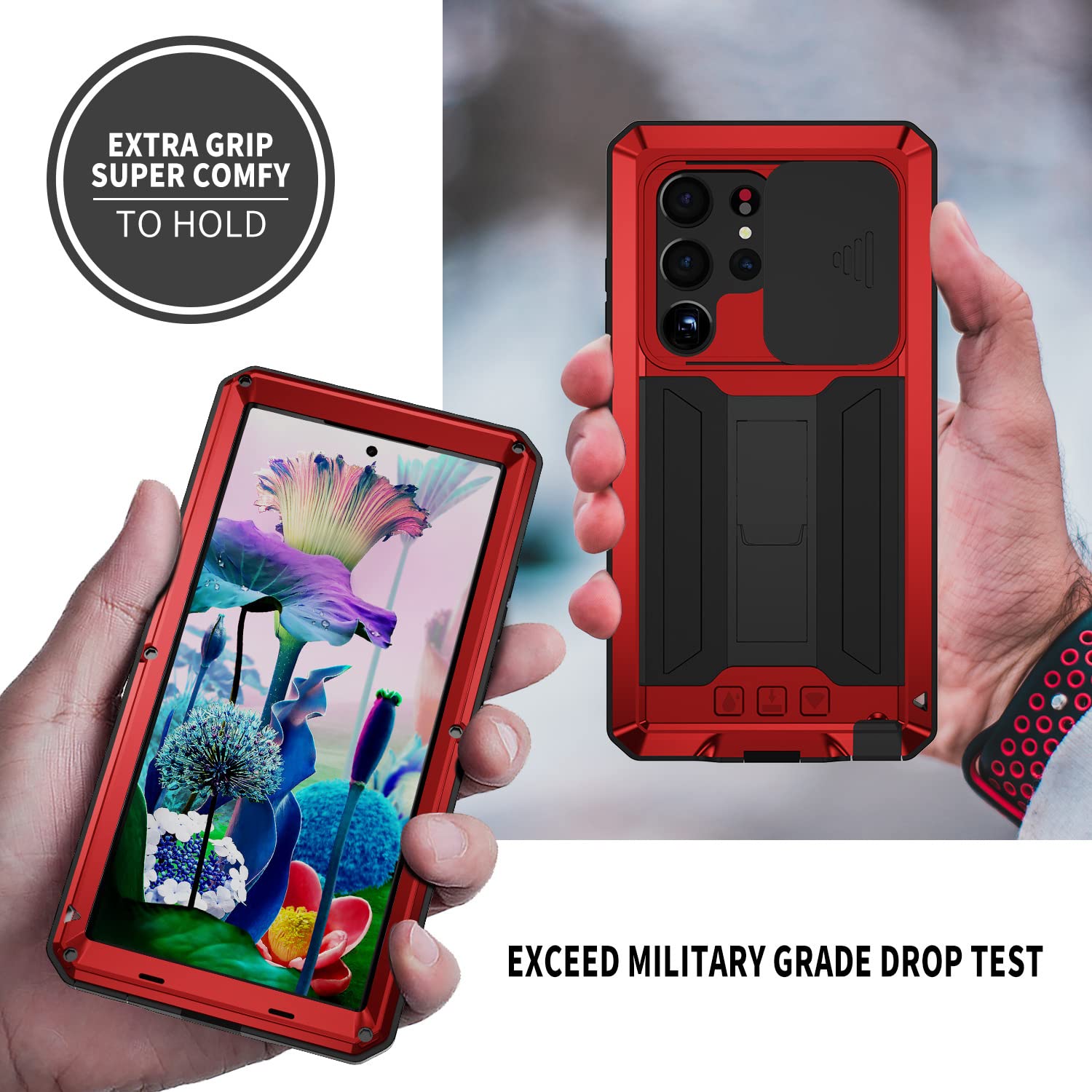 Wojskowe metalowe etui do Samsung Galaxy S25 Ultra/S25 Plus/S25, wytrzymała podpórka osłona ekranu przesuwna powłoka obiektywu odporna na zarysowania, srebrna, S25