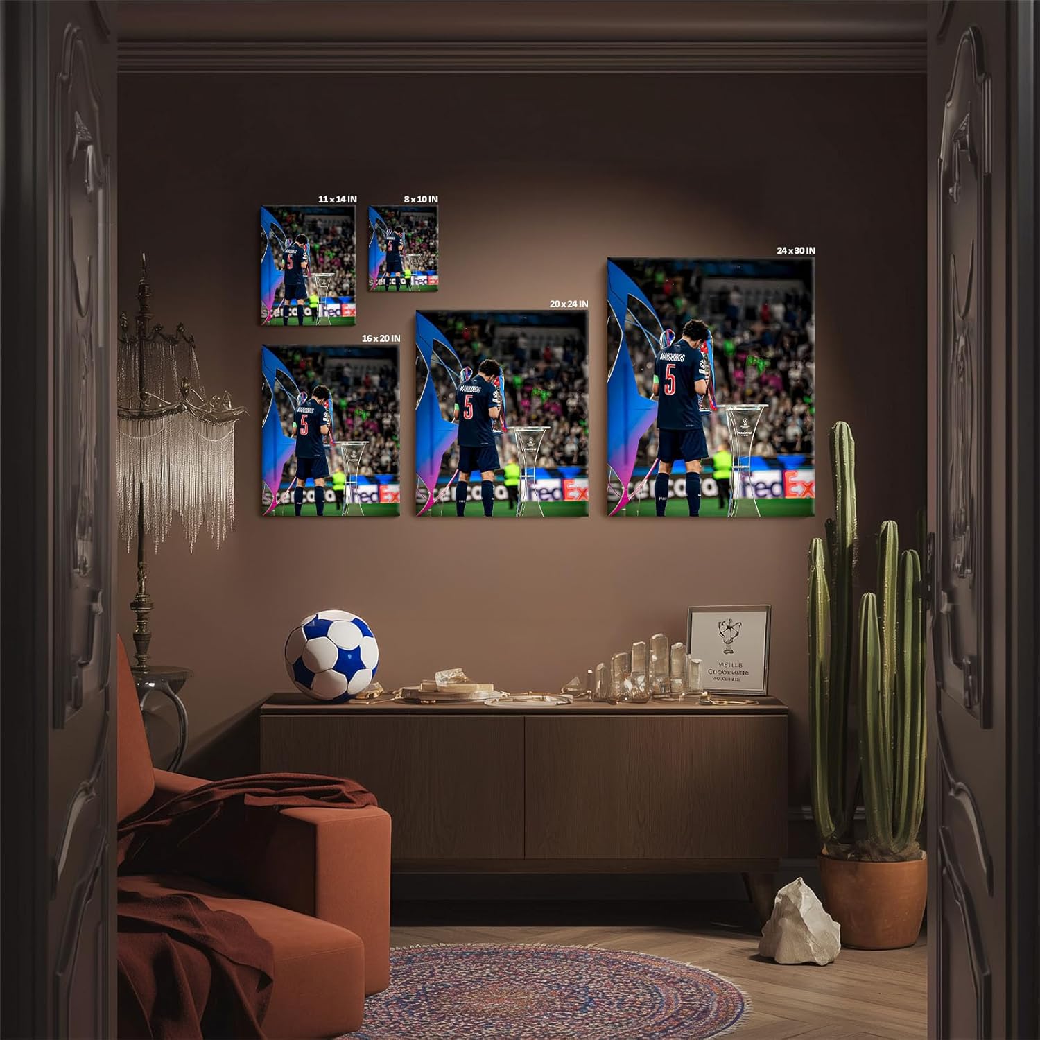 Champions League 2025 Canvas Wall Art, Marquinhos Trophy Kiss Picture Print, PSG Captain Celebration Poster Vintage Framed Oil Painting for Locker Room or Football Fan Gift Decor 11x14inch