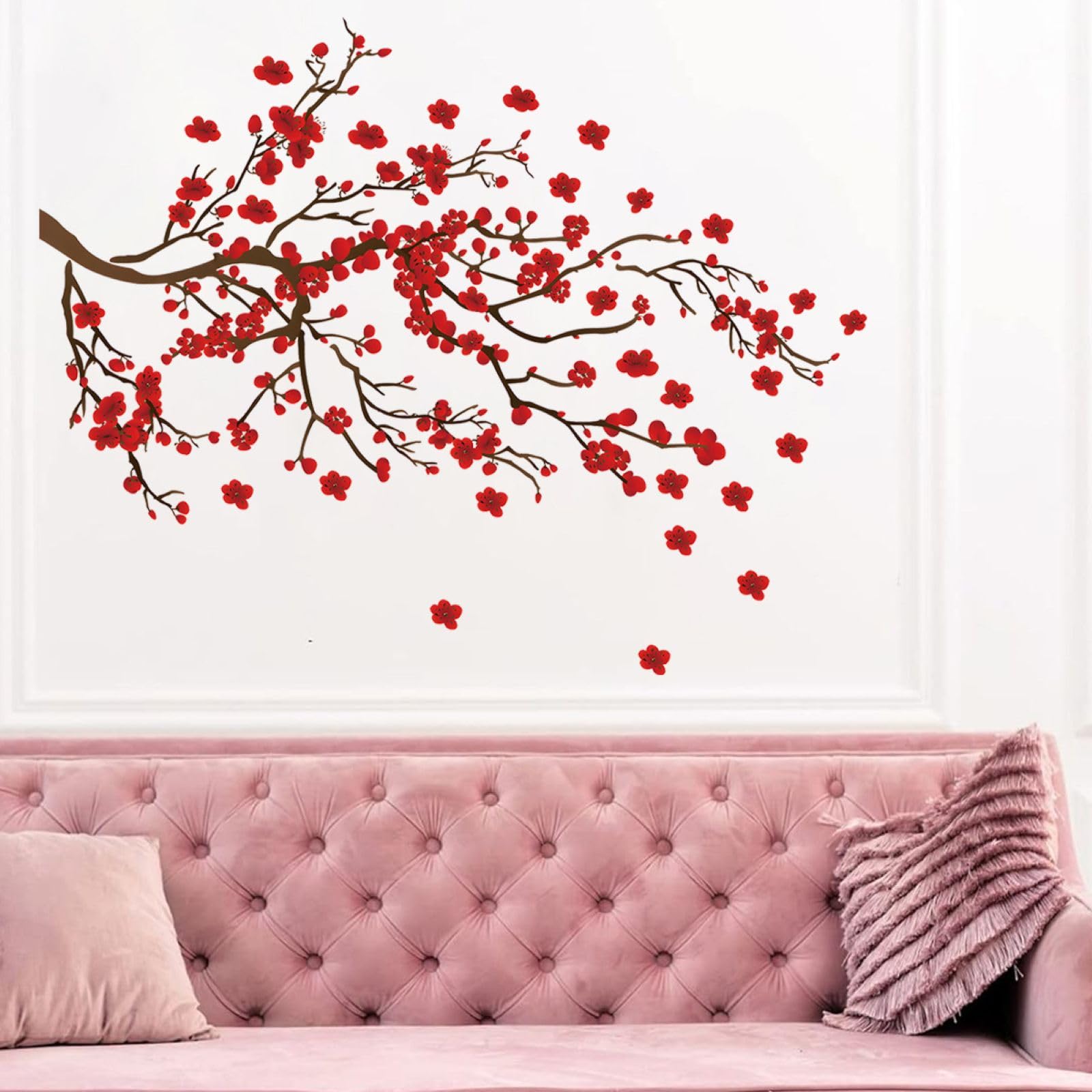 FUFUQUARE Red Plum Blossom Wall Stickers Chinese Ink Flower Branch Wall Decals Removable Peel and Stick Decor for Living Room Bedroom Sofa TV Background - Image 2