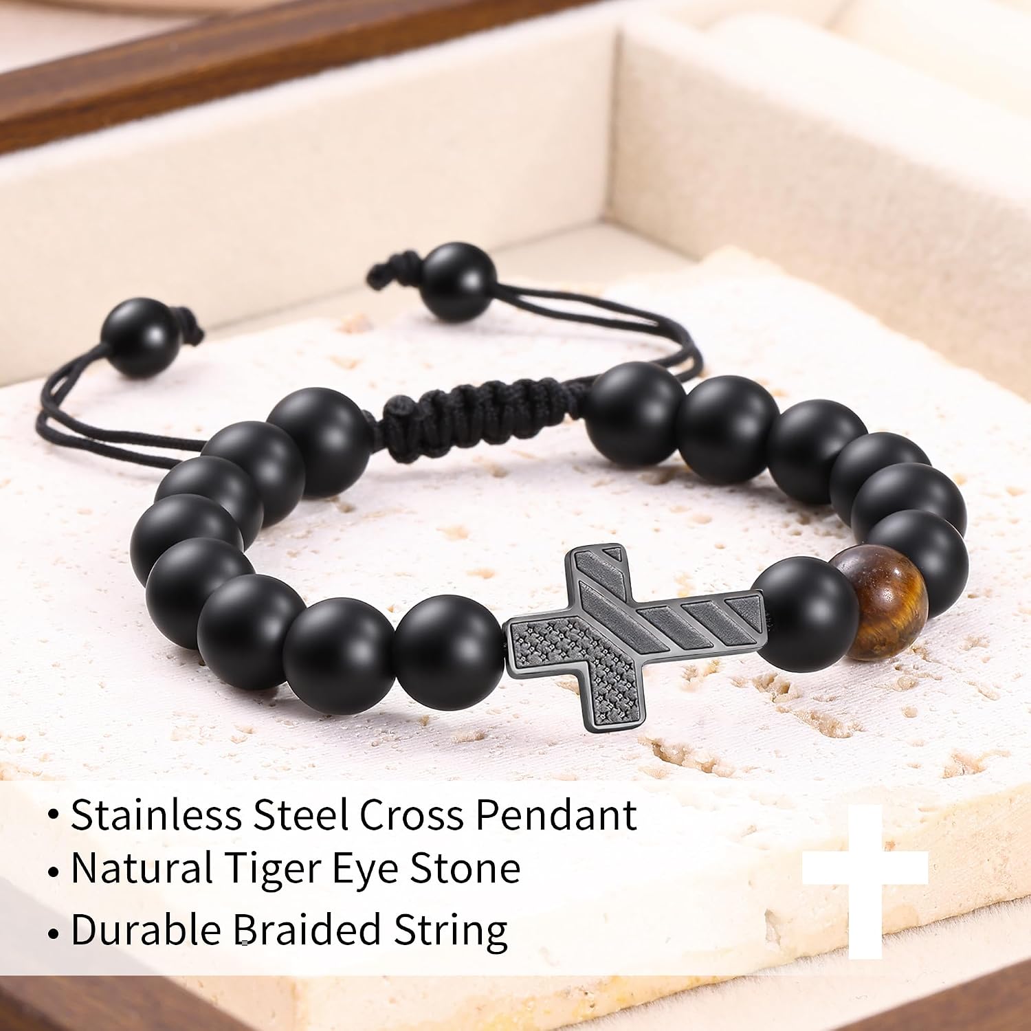 Cross Bracelets for Men Beaded Tiger Eye Natural Stone Bracelets Lava Rock Adjustable Black Triple Protection Bracelet Birthday Jewelry Gifts for Men Women
