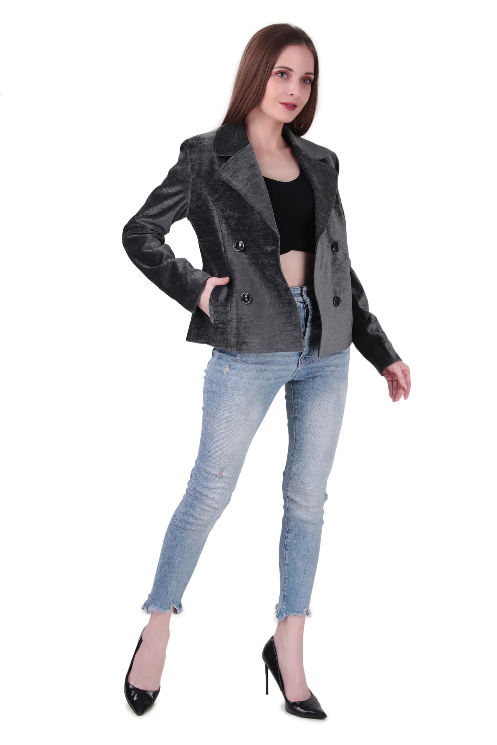 Women's Charcoal Grey Double-Breasted Textured Jacket | Casual Lapel Collar Short Pea Coat with Front Pockets | Winter Fashion Outerwear | Pack of 1-picture-11