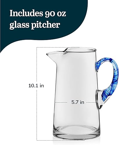 Miniatura 3 de Libbey Cabos - Jarra grande de vidrio, jarra de agua de vidrio hecha a mano de 90 onzas con boquilla y mango azul, jarra de agua inspirada en los