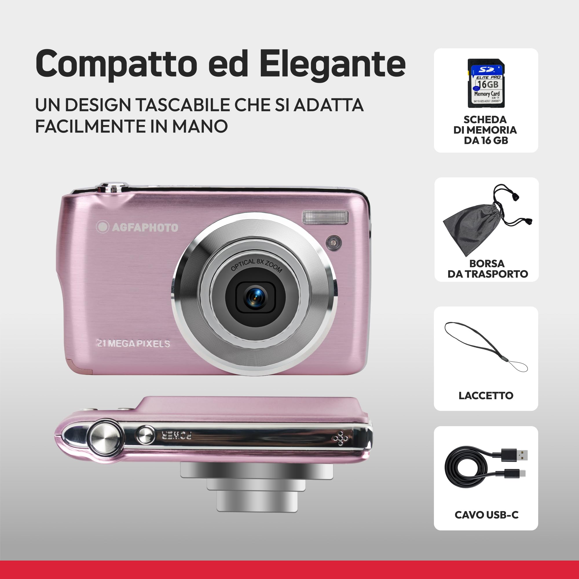 AGFA PHOTO Realishot DC8200 - Fotocamera Digitale Compatta, 18MP, Video Full HD, Schermo LCD 2.7'', Zoom Ottico 8X, Batteria al Litio e Scheda SD 16GB - Rosso