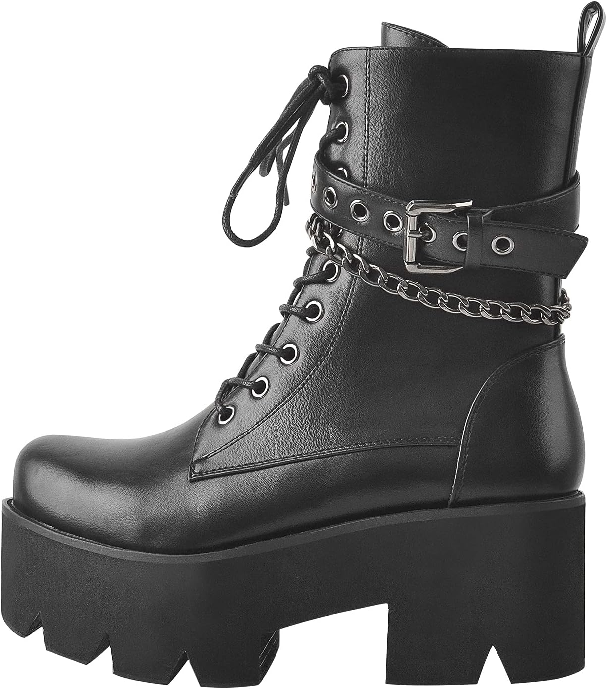 LISHAN Women's Zip Up Ankle Buckles Lace Up Platform Short Boots