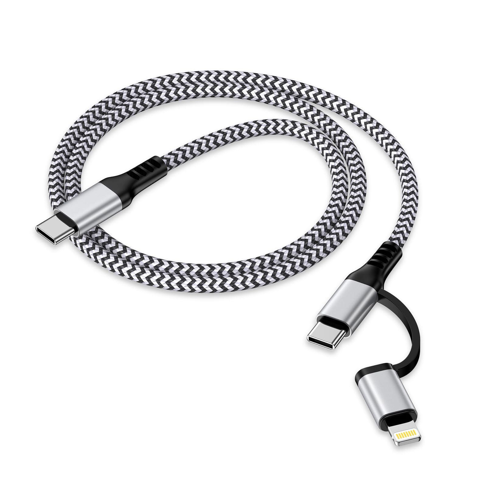 2in1 USB-C iPhone充電ケーブル 0.9M PD対応 30W急速充電 高速データ転送 Haoano タイプｃ ライトニングケーブル アイフォン マルチ充電ケーブル iPhone 17/17 Air/17 Pro Max/16/15/14/13/SE/iPad Air/Mini/Redmi 12/モトローラ g64 /Galaxy S24/S23 銀白色