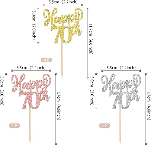 Miniatura 2 de 24 adornos para cupcakes con la frase "Happy 70th Cupcake Toppers Gold Rose Gold Silver Glitter Setenta Cheers to 70 Cupcake Picks 70" Fabulous