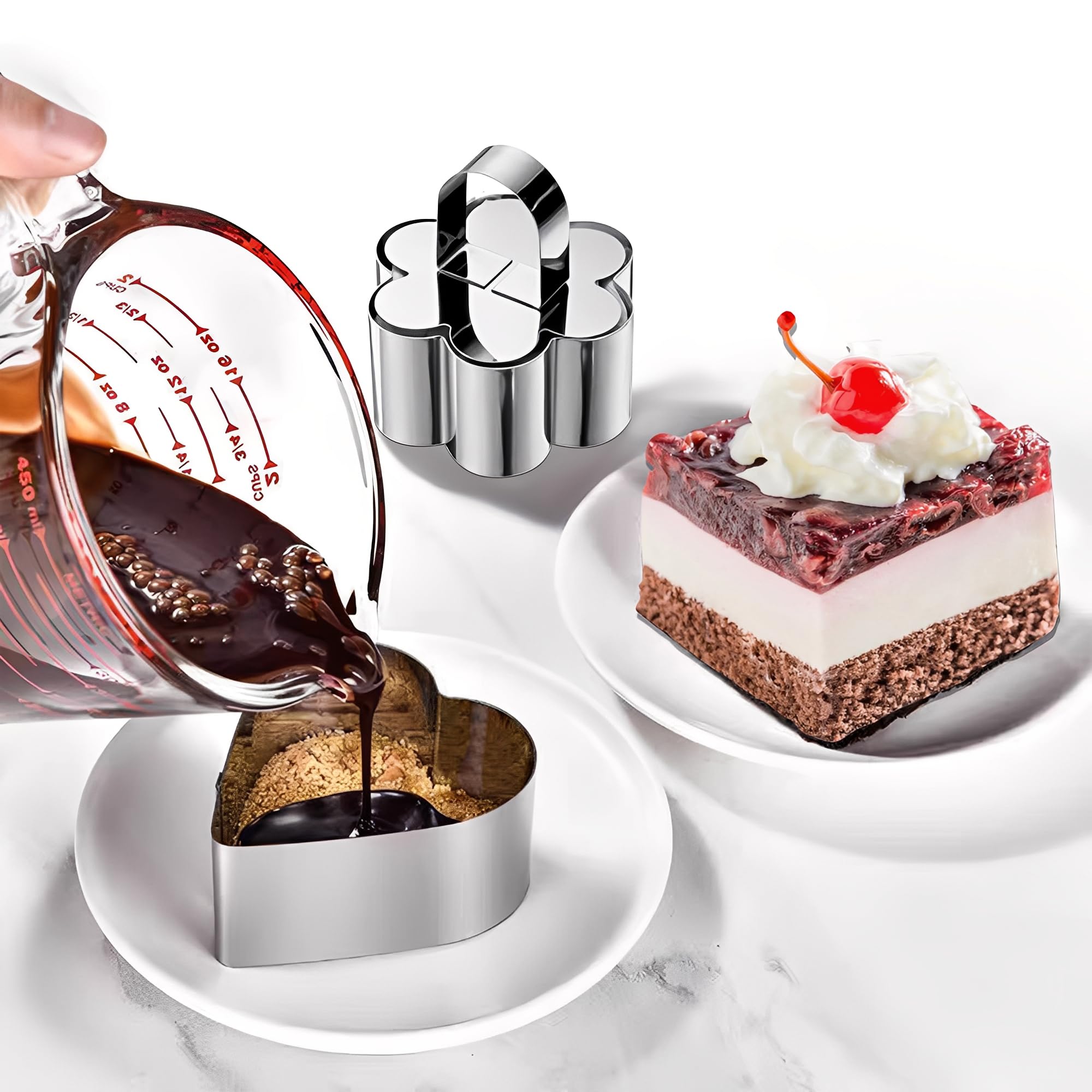 Lot de 4 Anneaux à Mousse en Acier Inoxydable avec Presse Alimentaire pour la Confection de Desserts
