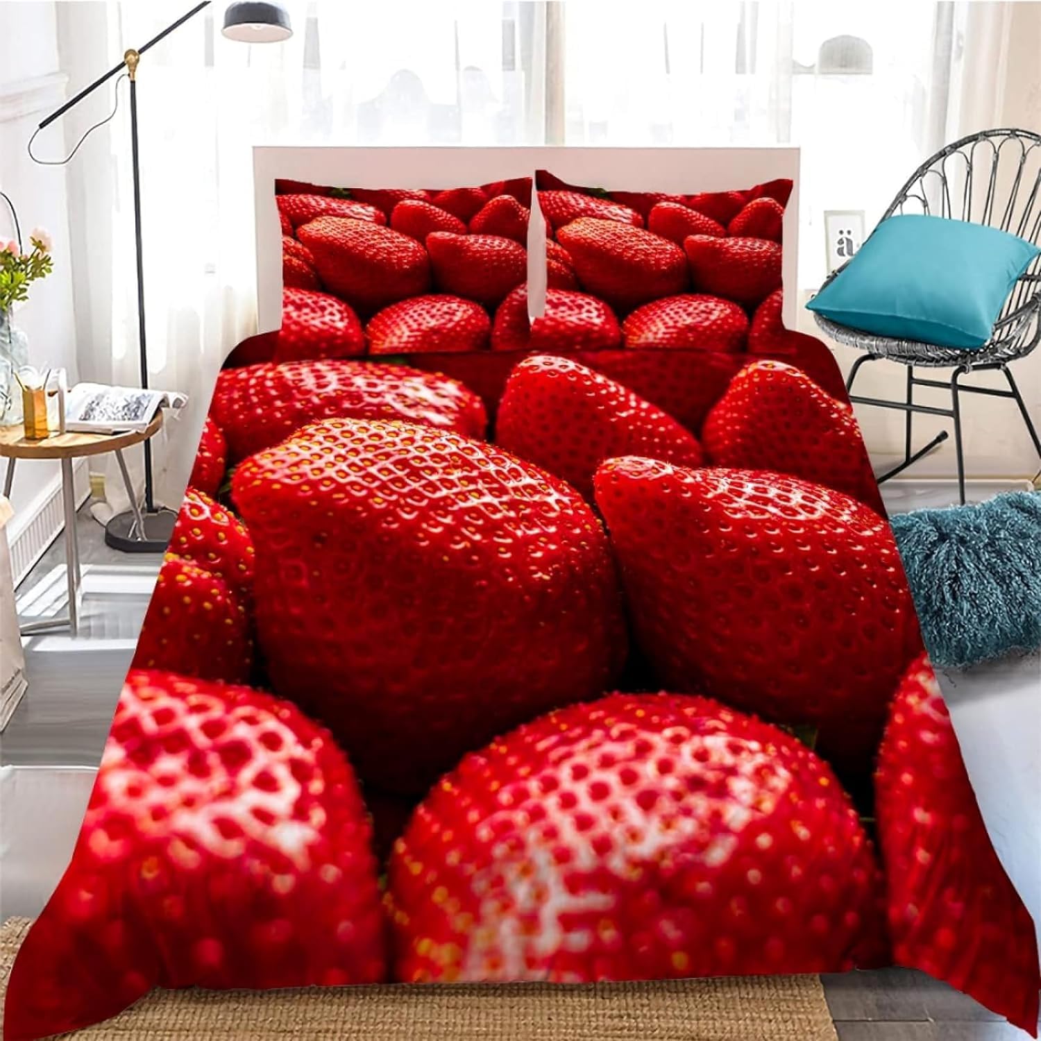 Housse de Couette 200x200 Fraise avec 2 Taies d'Oreiller en Microfibre