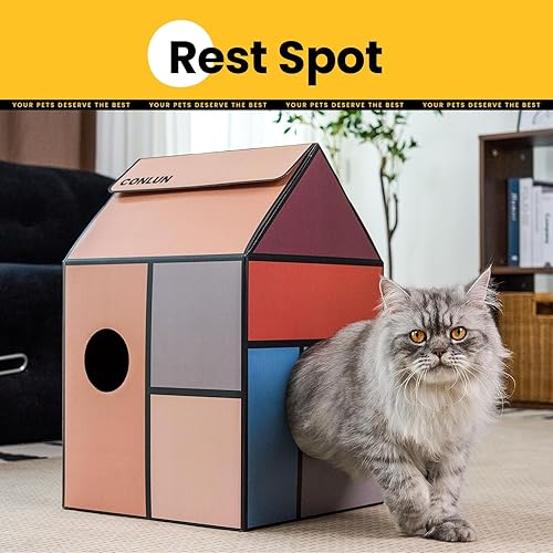 Miniatura 3 de Casa de cartón para gatos con almohadilla para rascar y hierba gatera, fácil de montar, rascador de cartón para diversas decoraciones del hogar,