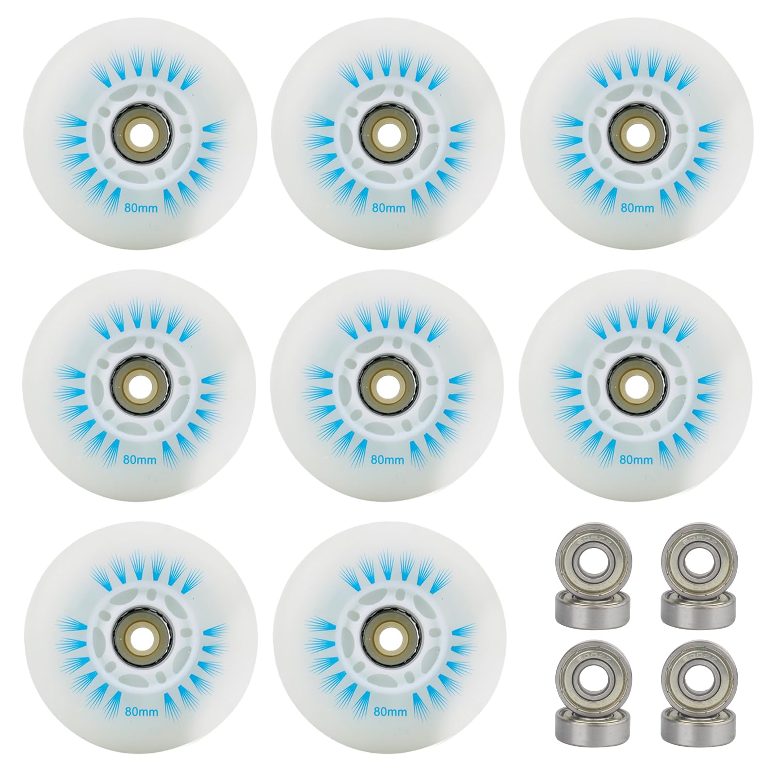 MEYAGOT Pack of 8 Inline Skate Wheels, 76 mm Inline Skate Wheels, Replacement Inline Skate Wheels, Skateboards, Scooters, Roller Skating Wheels, Luggage Wheels, Stabilisers for Scooters (Blue)