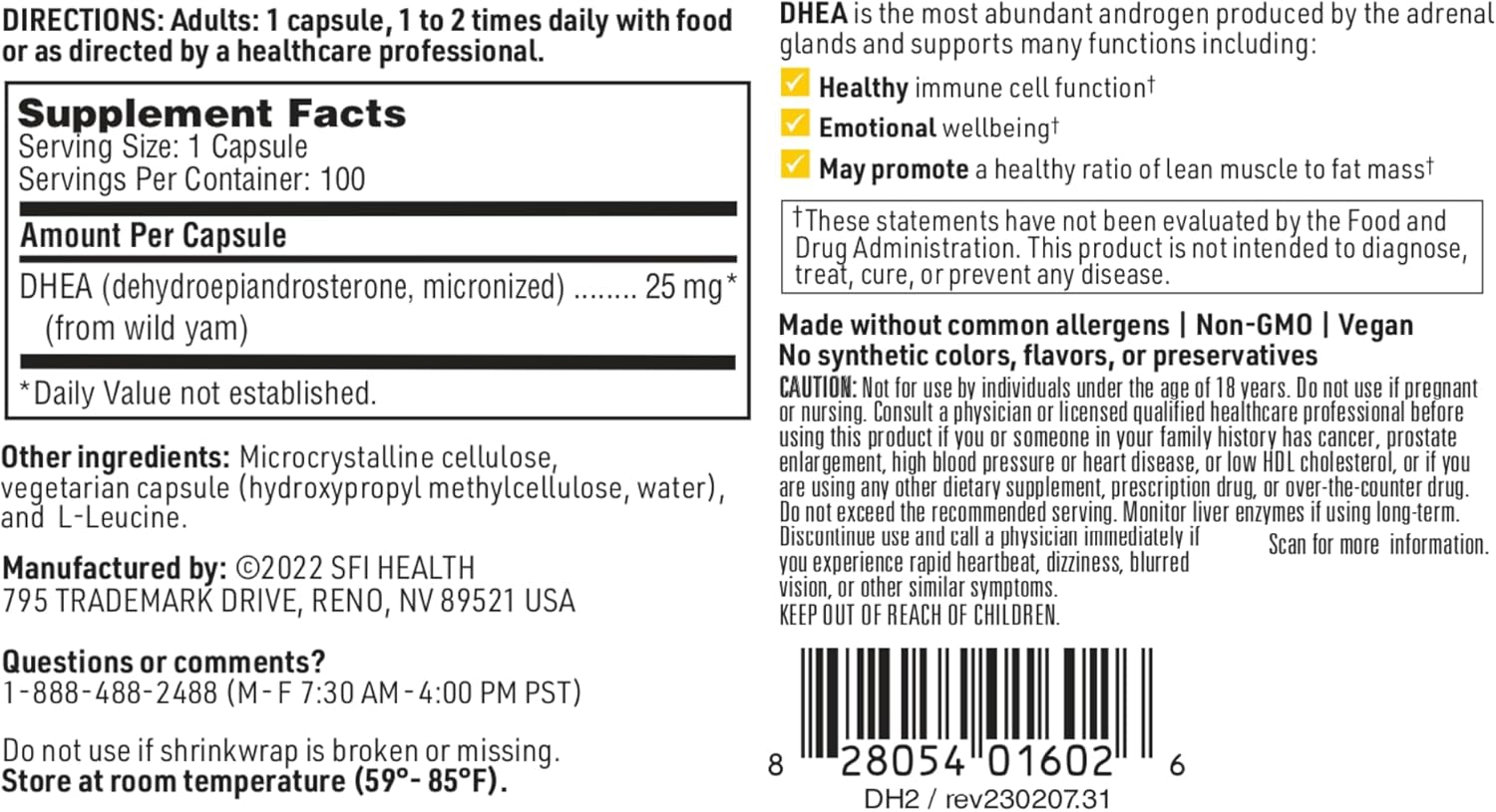 Klaire Labs SFI Health DHEA 25mg - Dehydroepiandrosterone Derived from Wild Yam - Micronized for Superior Absorption - Soy-Free, Hypoallergenic Supplement for Men & Women (100 Capsules) - Image 6